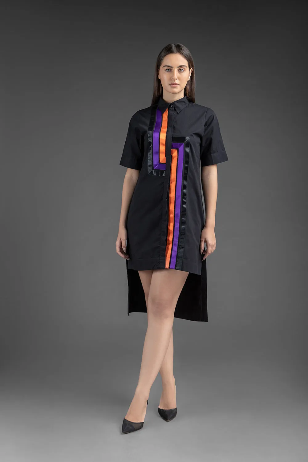 Satin Details Shirt Dress - Black
