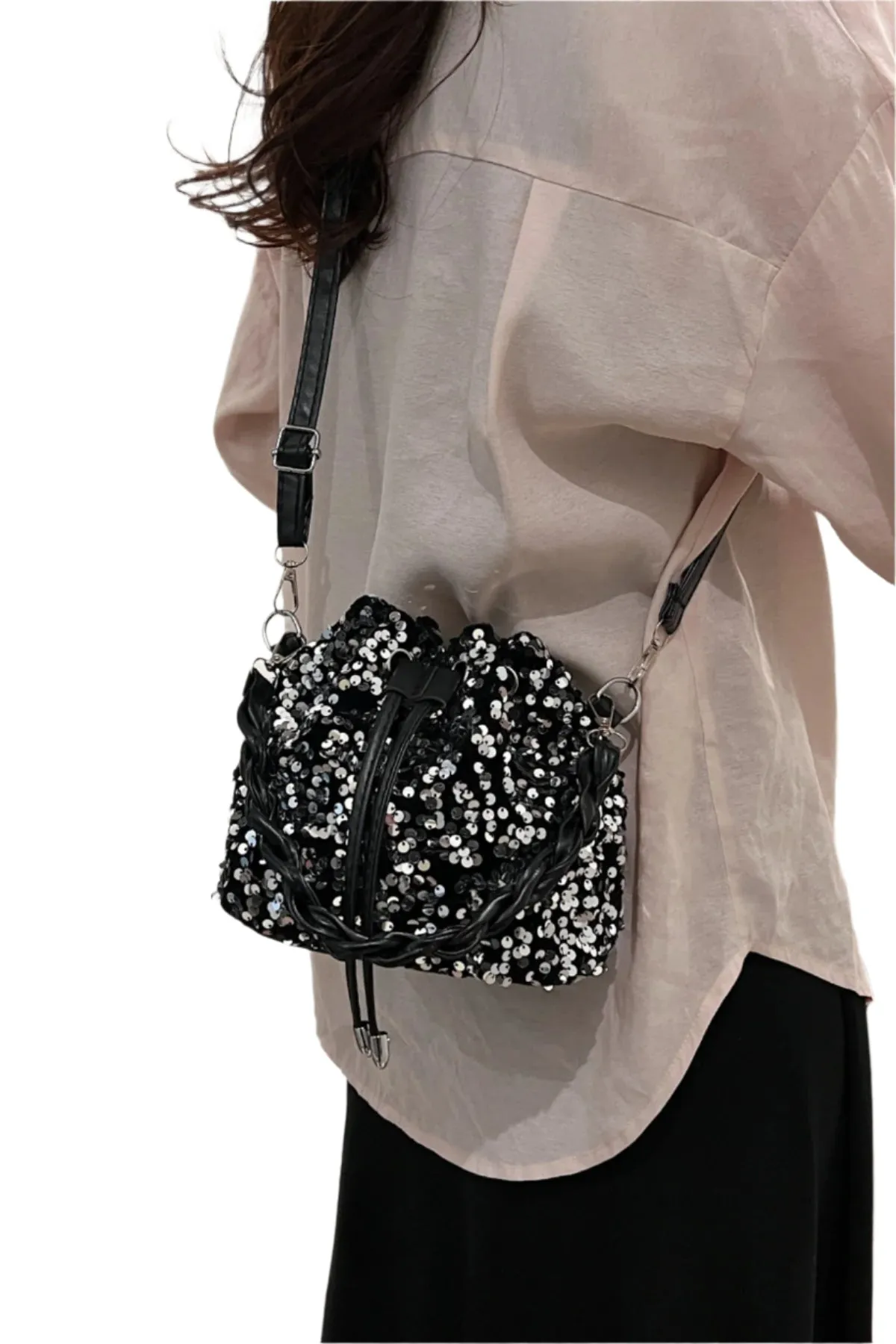Sequin Drawstring Bucket Bag