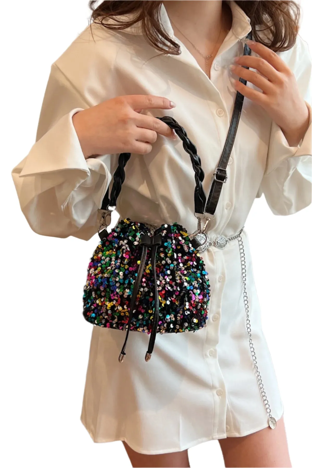 Sequin Drawstring Bucket Bag