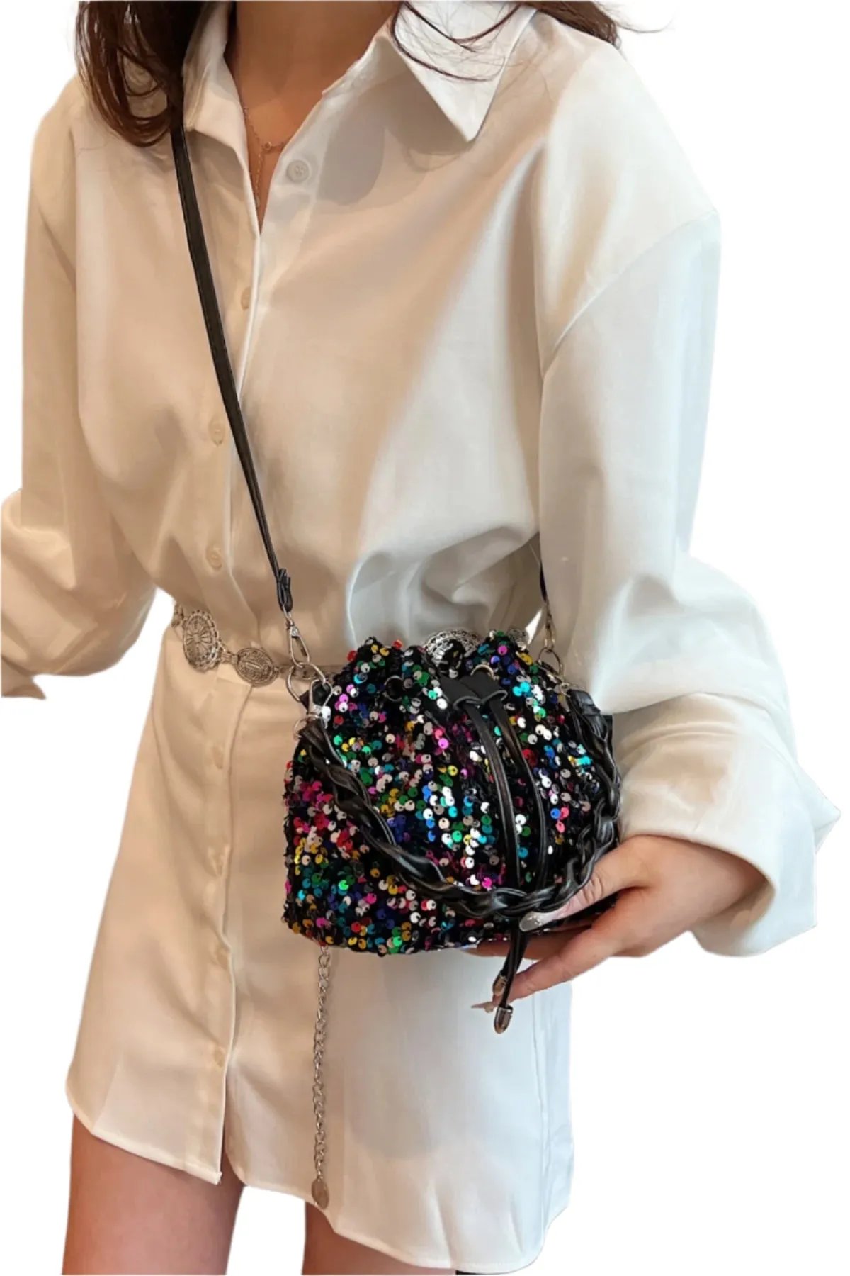 Sequin Drawstring Bucket Bag