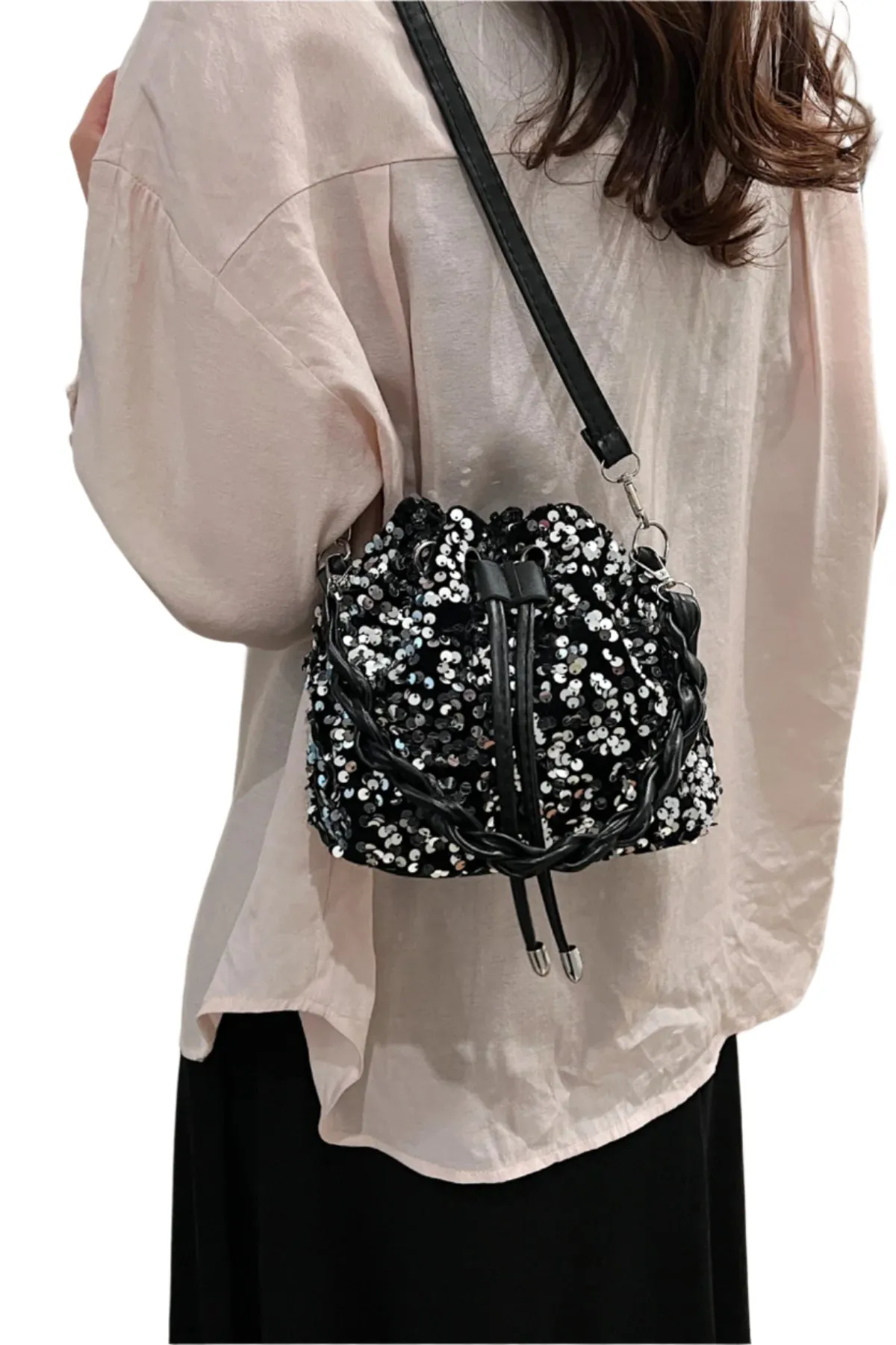 Sequin Drawstring Bucket Bag