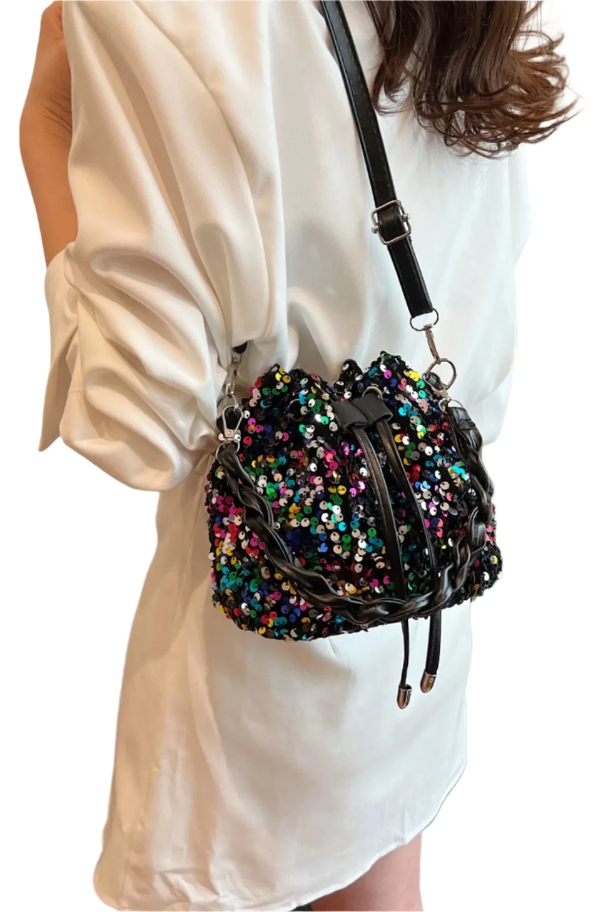 Sequin Drawstring Bucket Bag