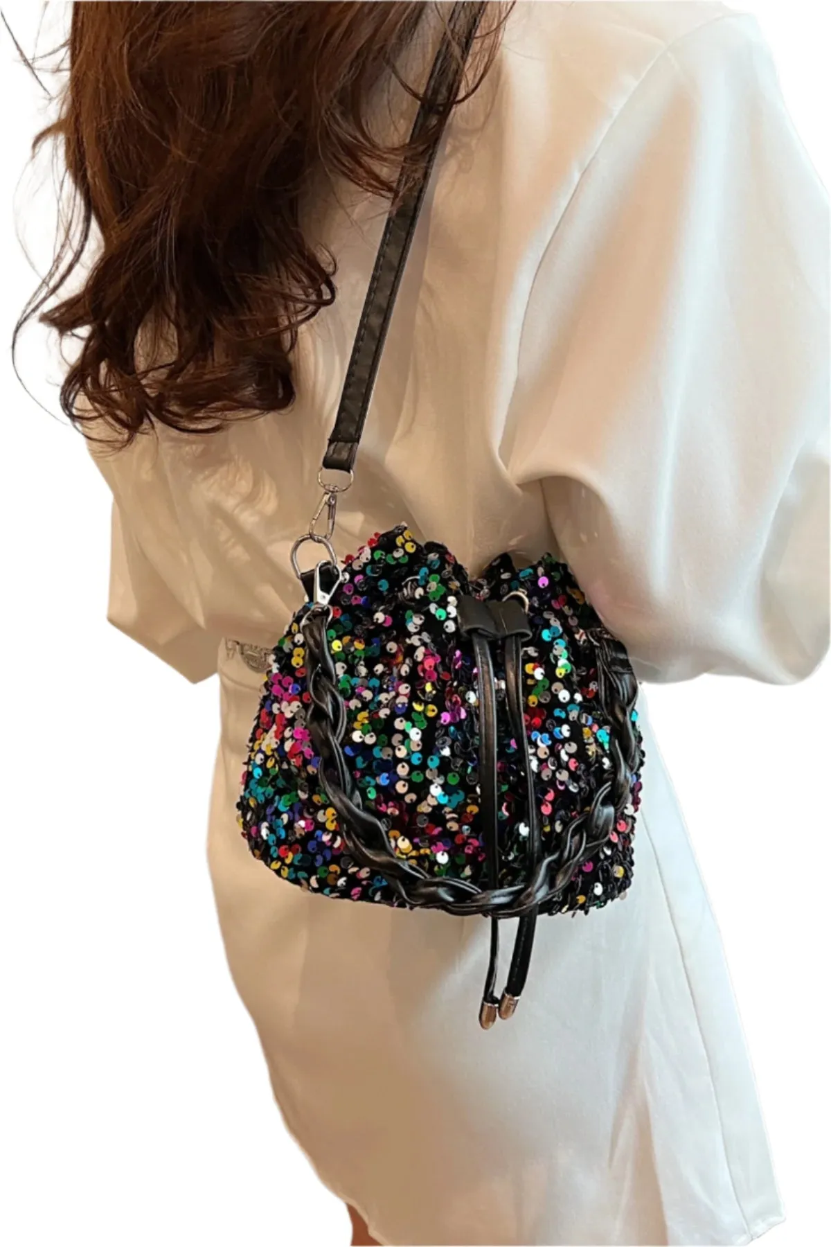 Sequin Drawstring Bucket Bag