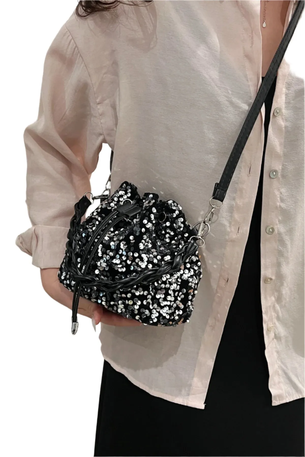 Sequin Drawstring Bucket Bag