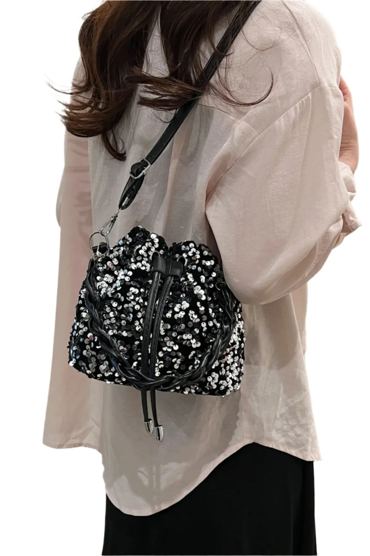 Sequin Drawstring Bucket Bag