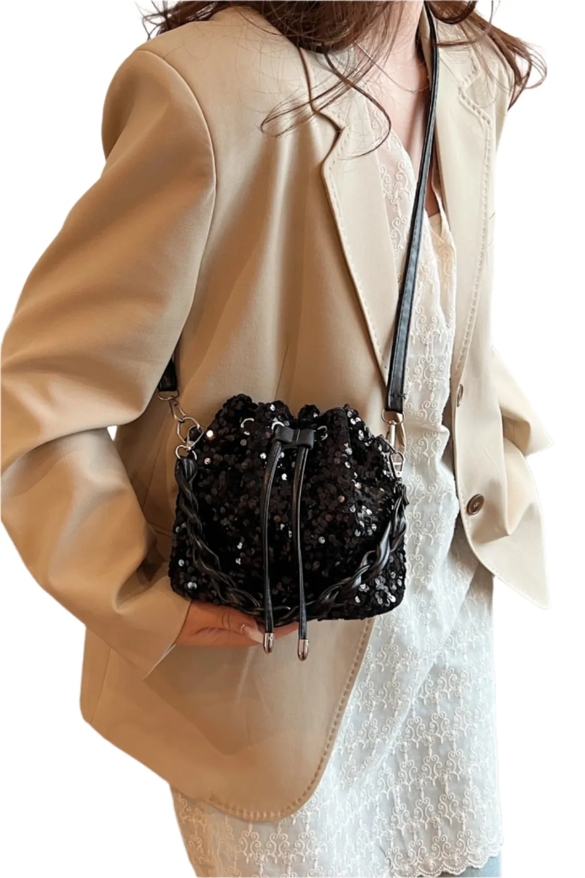 Sequin Drawstring Bucket Bag