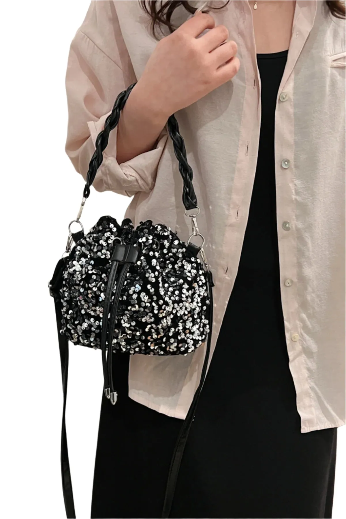 Sequin Drawstring Bucket Bag