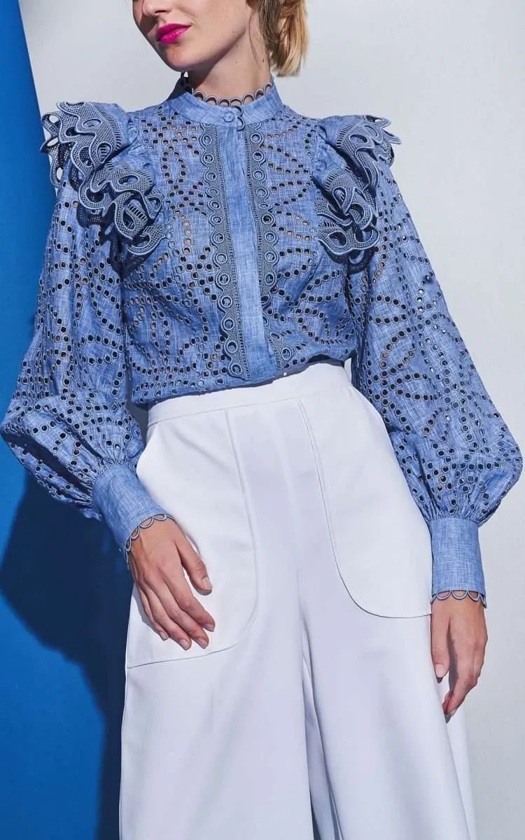 Statement Blouse with Macrame Details - Blue