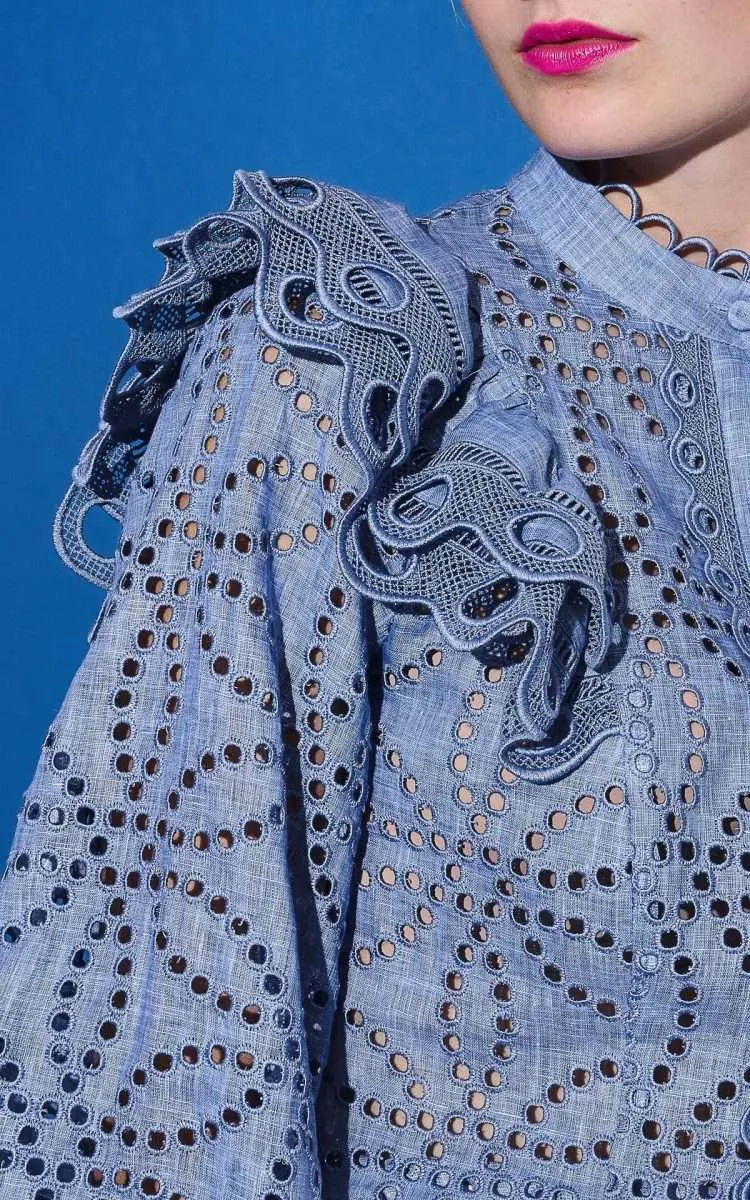 Statement Blouse with Macrame Details - Blue