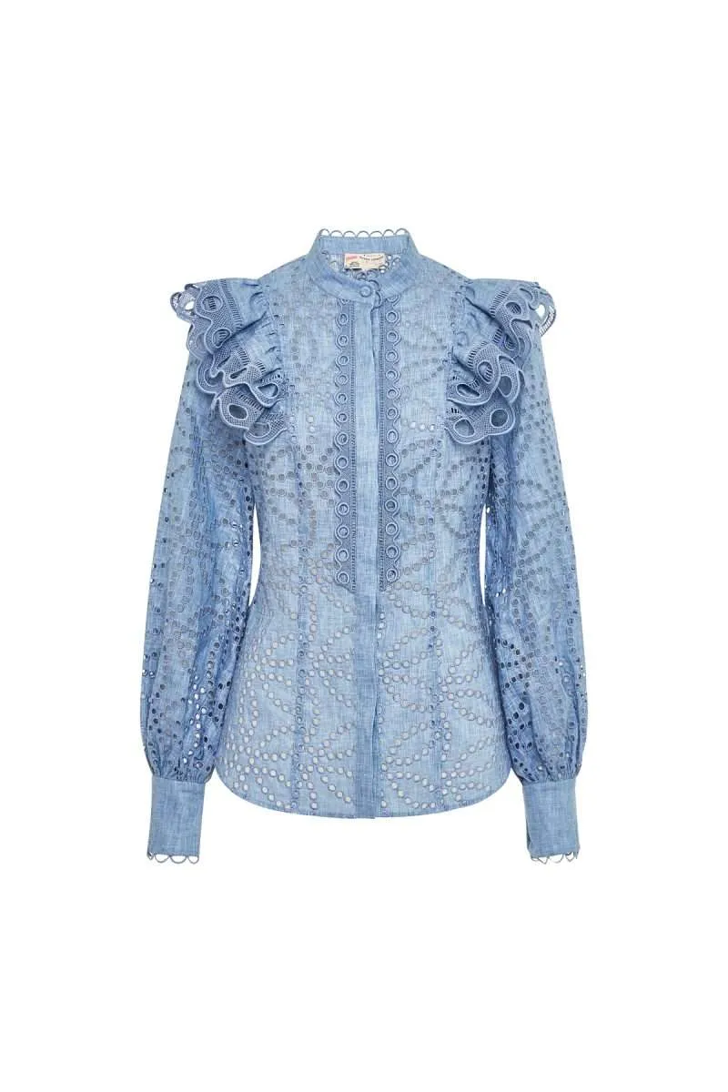 Statement Blouse with Macrame Details - Blue