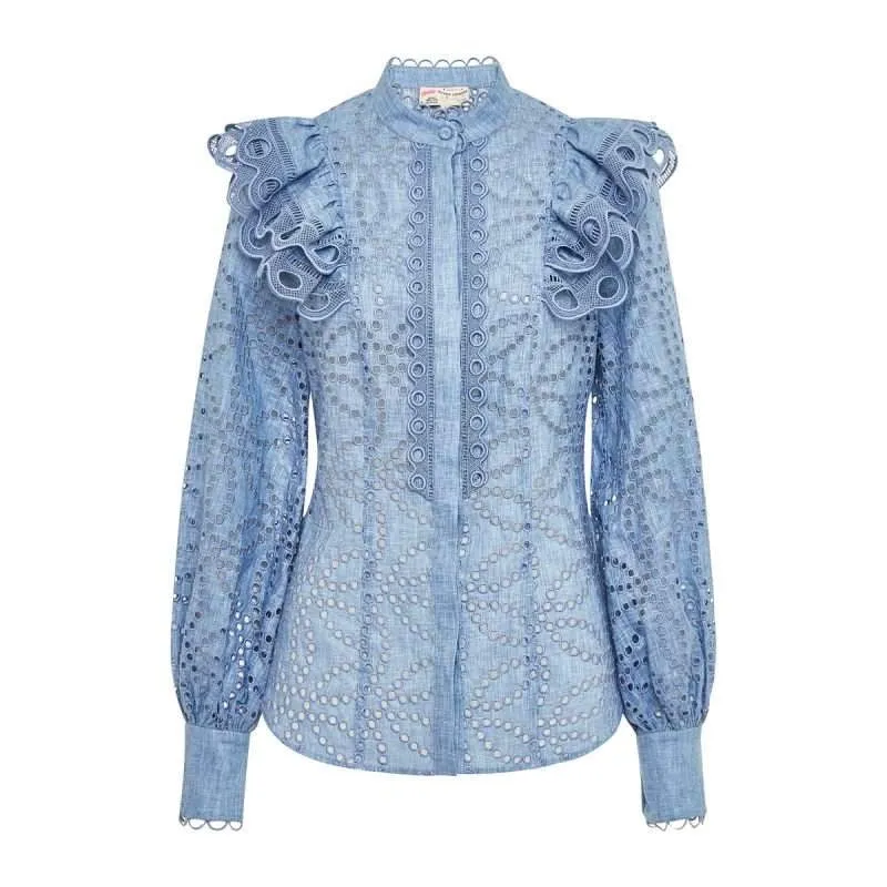 Statement Blouse with Macrame Details - Blue