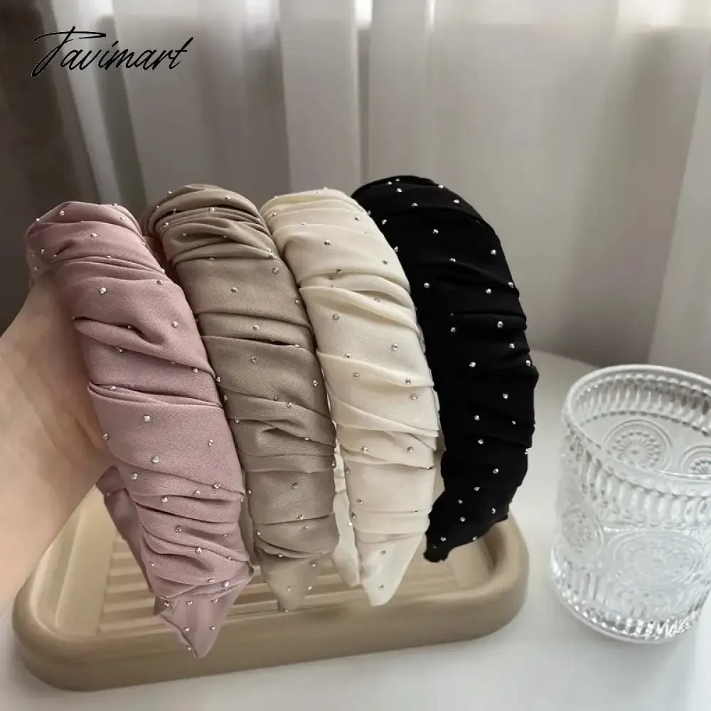 Tavimart Luxury Rhinestone Folds Thick Hairbands Headbands Women Girls Dot Bead Solid Wide Hair Hoop Scrunchies Hair Accessories Fashion