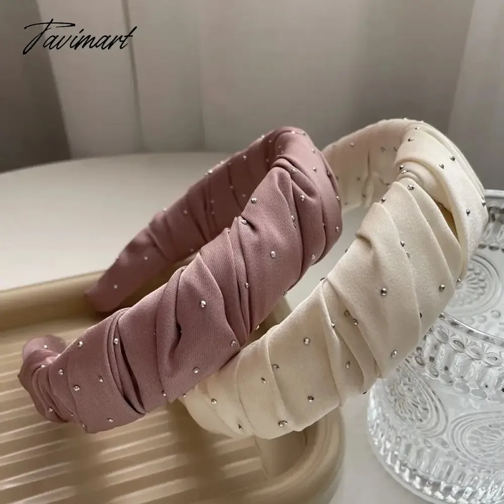 Tavimart Luxury Rhinestone Folds Thick Hairbands Headbands Women Girls Dot Bead Solid Wide Hair Hoop Scrunchies Hair Accessories Fashion