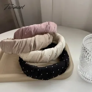 Tavimart Luxury Rhinestone Folds Thick Hairbands Headbands Women Girls Dot Bead Solid Wide Hair Hoop Scrunchies Hair Accessories Fashion