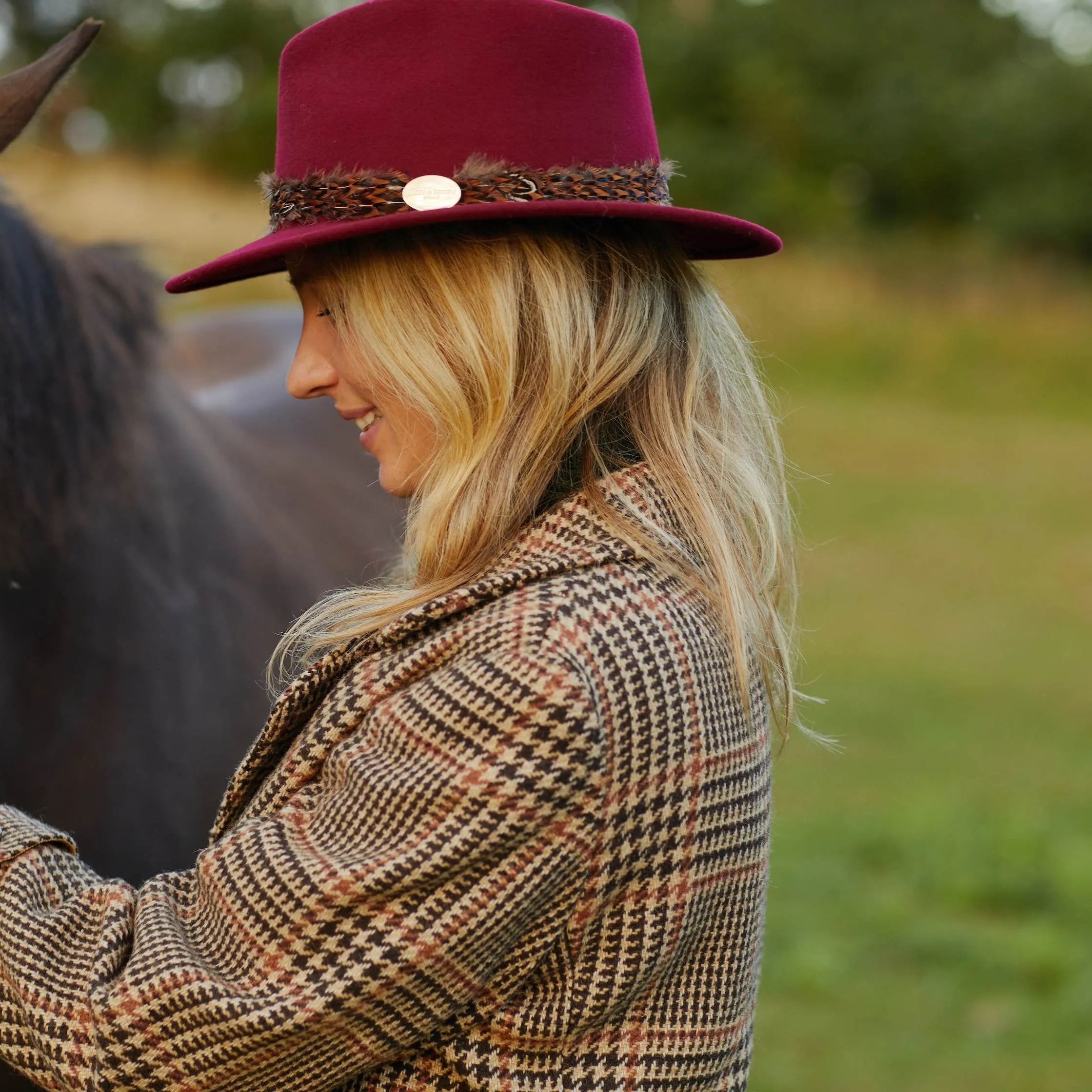 The Suffolk Fedora in Maroon (Bronze Feather Wrap)