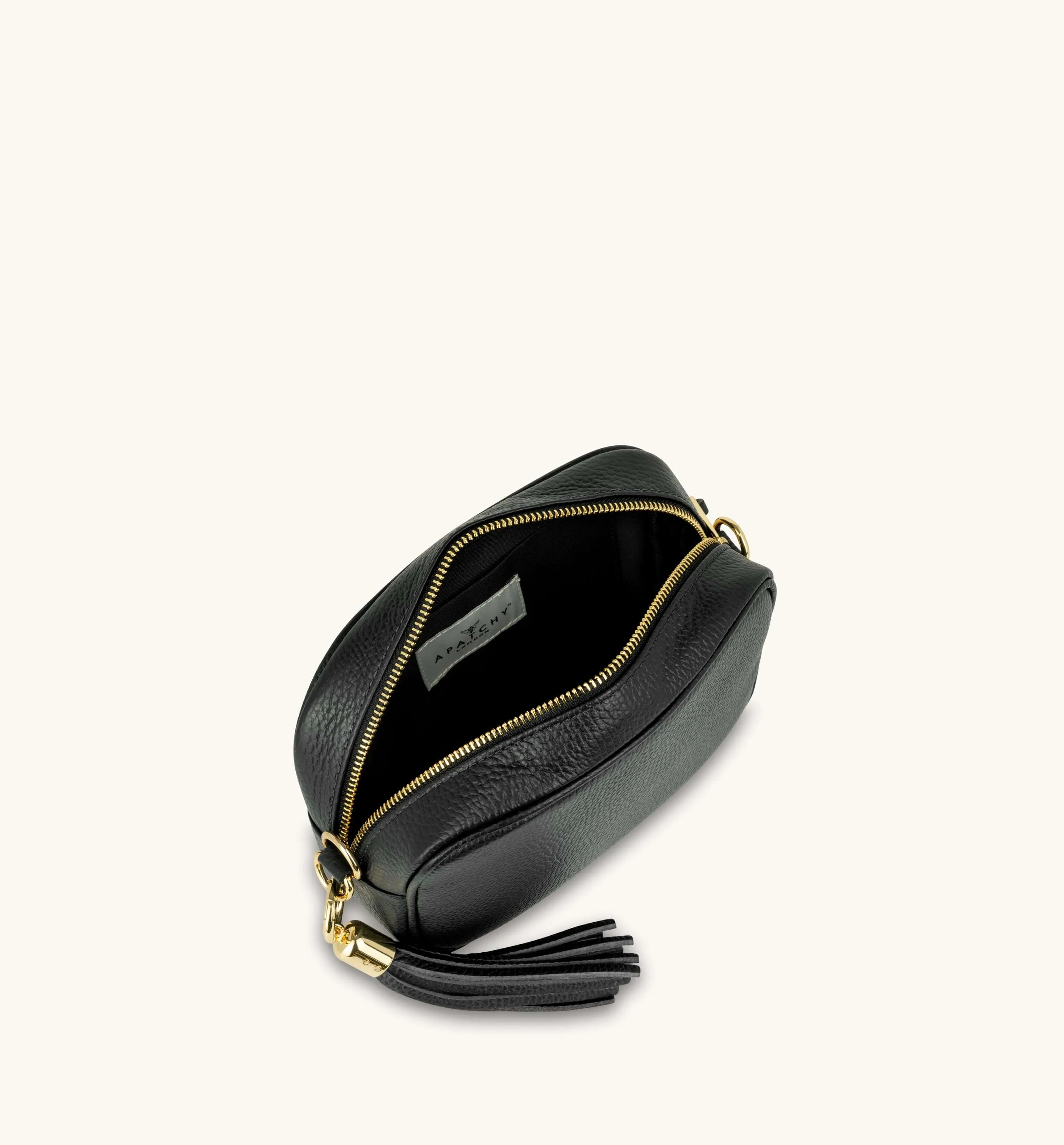 The Tassel Black Leather Crossbody Bag With Grey Leopard Strap
