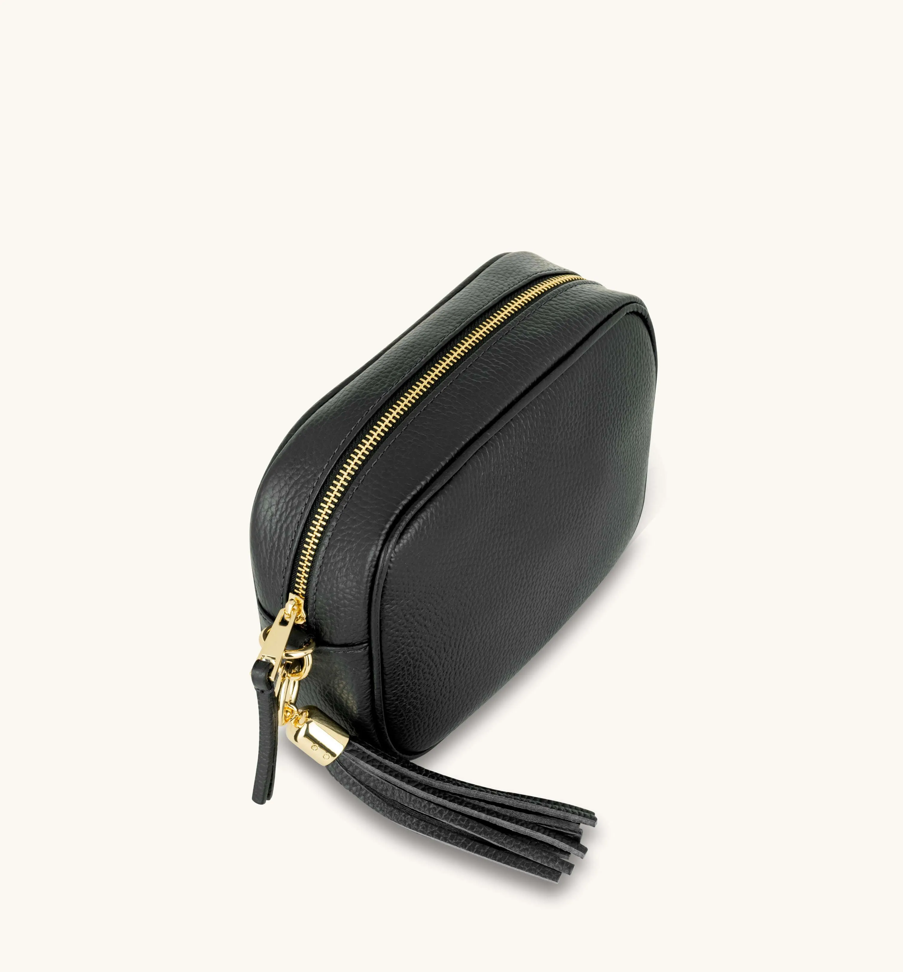 The Tassel Black Leather Crossbody Bag With Grey Leopard Strap