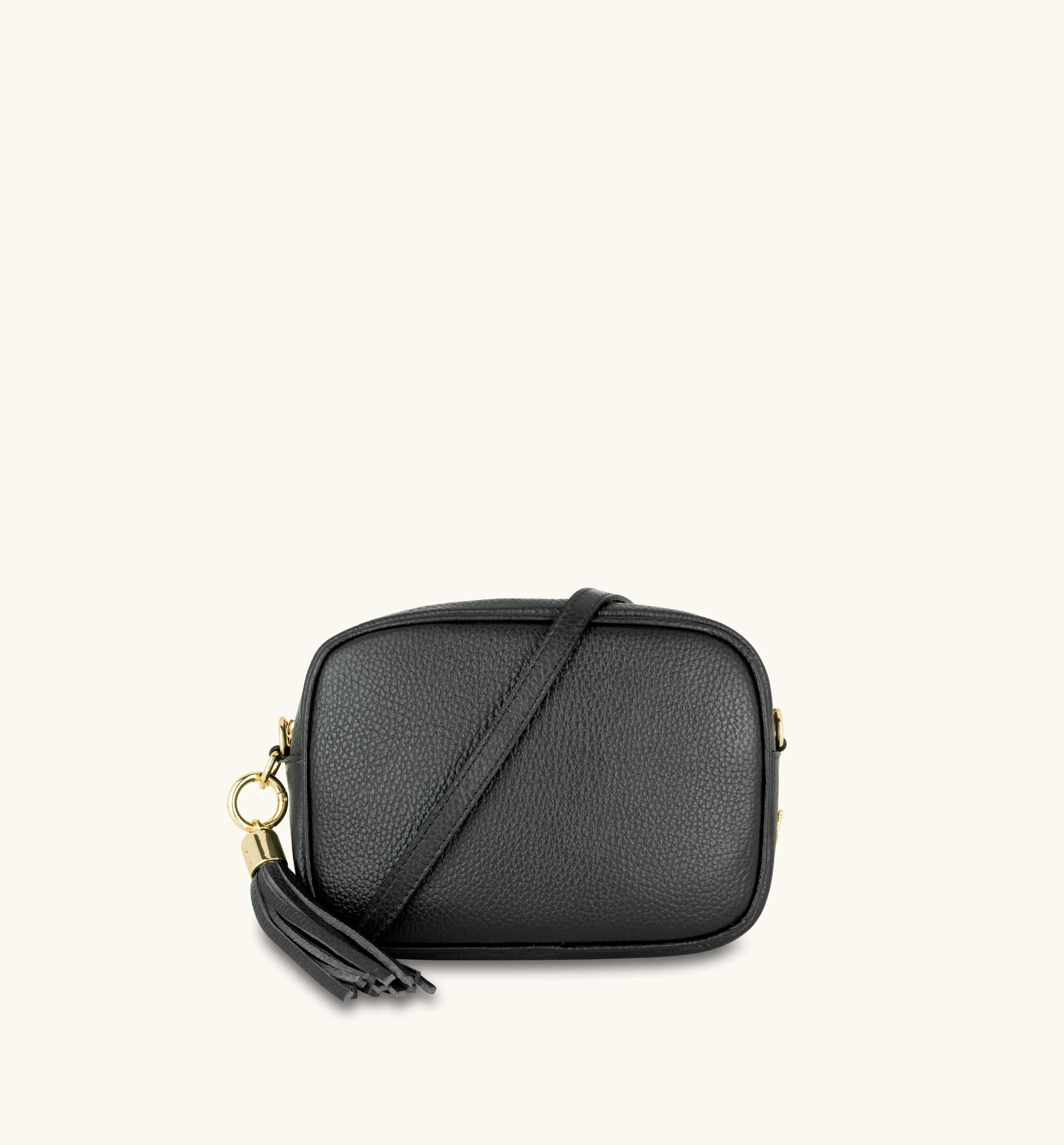 The Tassel Black Leather Crossbody Bag With Grey Leopard Strap