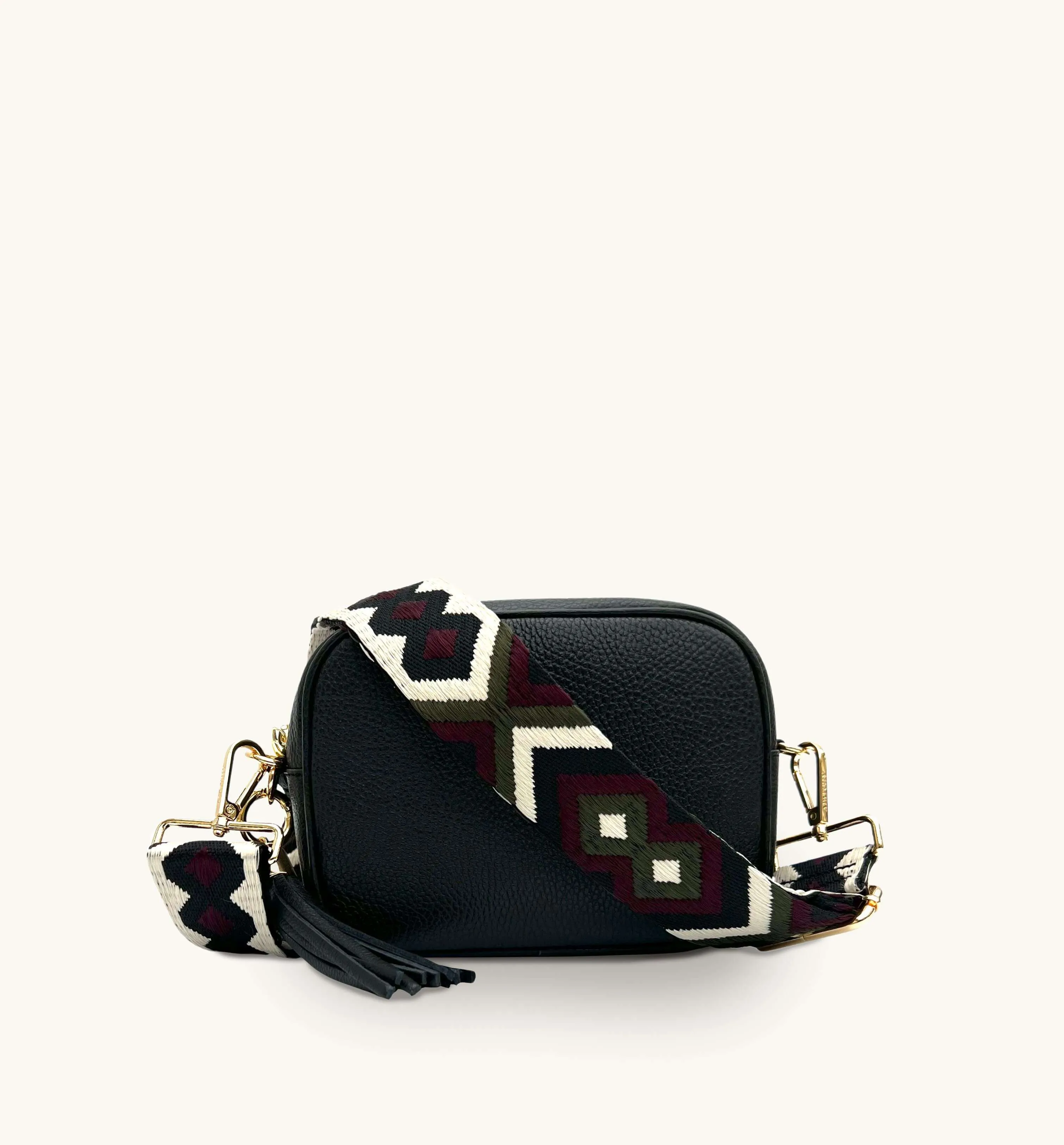 The Tassel Black Leather Crossbody Bag With Port & Olive Diamond Strap