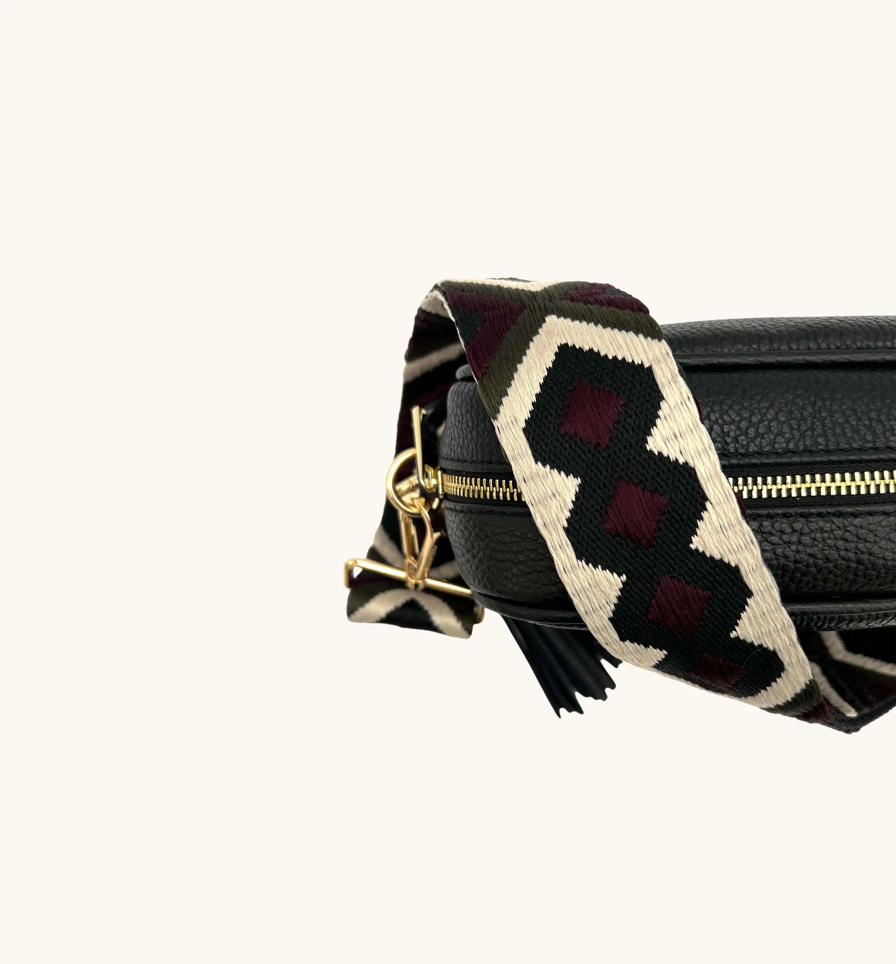 The Tassel Black Leather Crossbody Bag With Port & Olive Diamond Strap