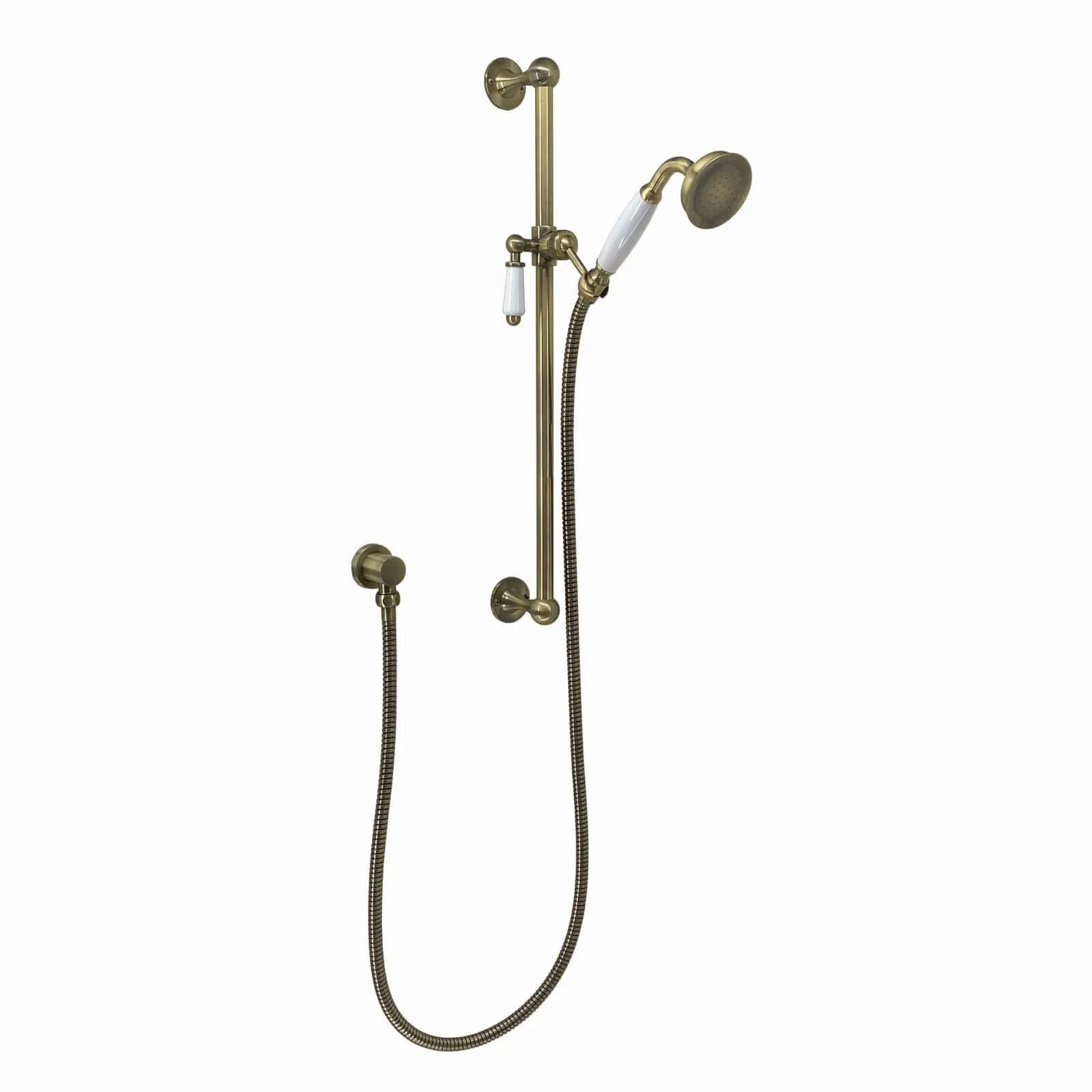 Traditional Shower Slider Rail Kit Lever Design With Brass White Ceramic Handset, Hose And Wall Elbow Outlet - Antique Brass