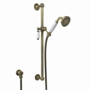 Traditional Shower Slider Rail Kit Lever Design With Brass White Ceramic Handset, Hose And Wall Elbow Outlet - Antique Brass