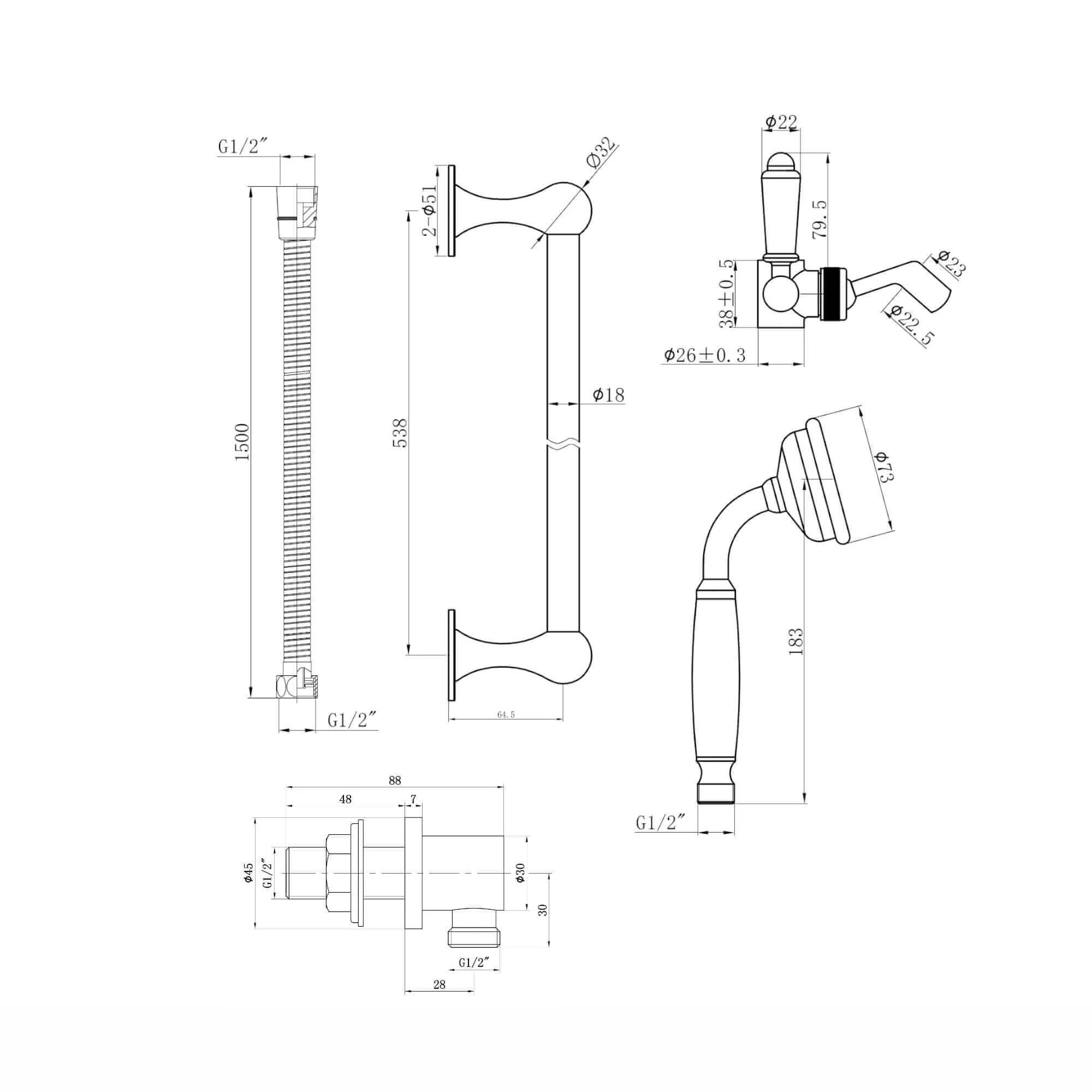 Traditional Shower Slider Rail Kit Lever Design With Brass White Ceramic Handset, Hose And Wall Elbow Outlet - Antique Brass