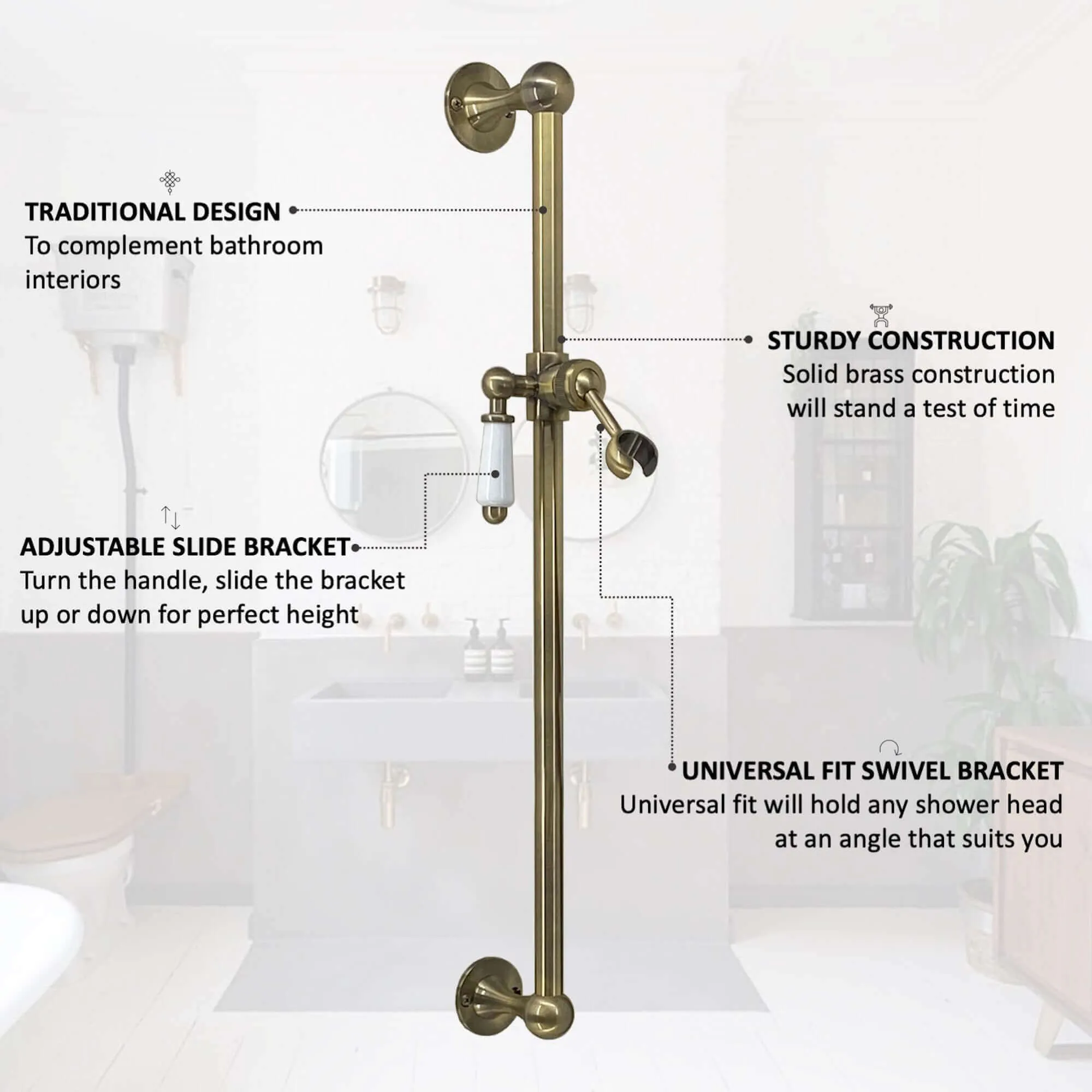 Traditional Shower Slider Rail Kit Lever Design With Brass White Ceramic Handset, Hose And Wall Elbow Outlet - Antique Brass