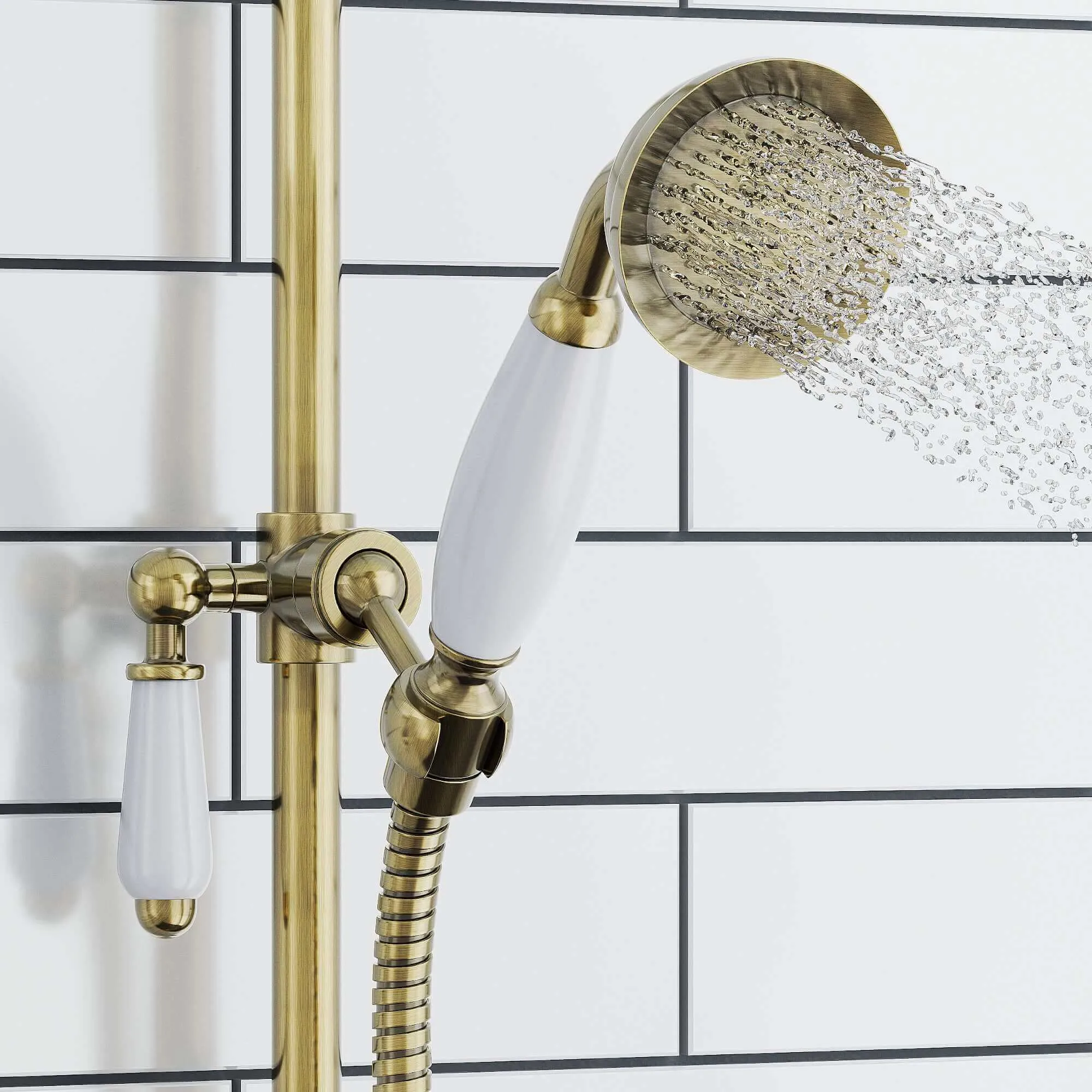 Traditional Shower Slider Rail Kit Lever Design With Brass White Ceramic Handset, Hose And Wall Elbow Outlet - Antique Brass