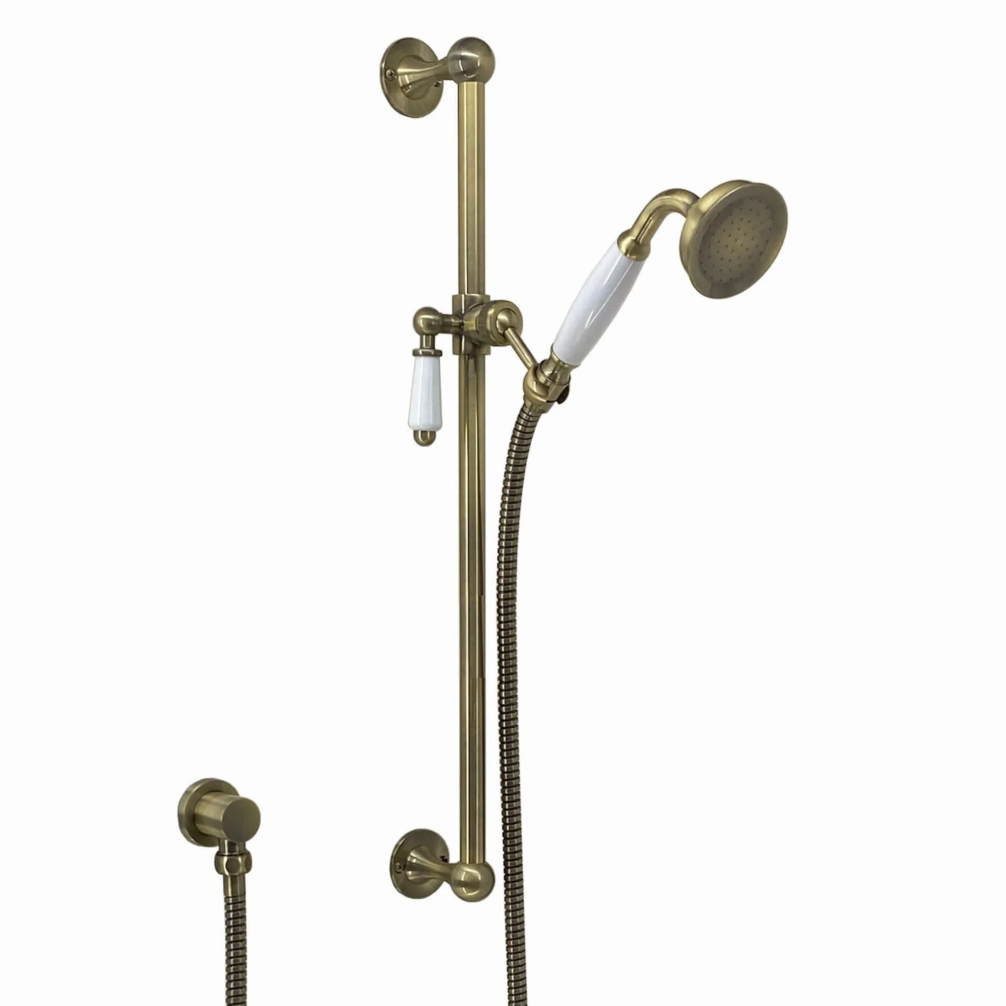 Traditional Shower Slider Rail Kit Lever Design With Brass White Ceramic Handset, Hose And Wall Elbow Outlet - Antique Brass