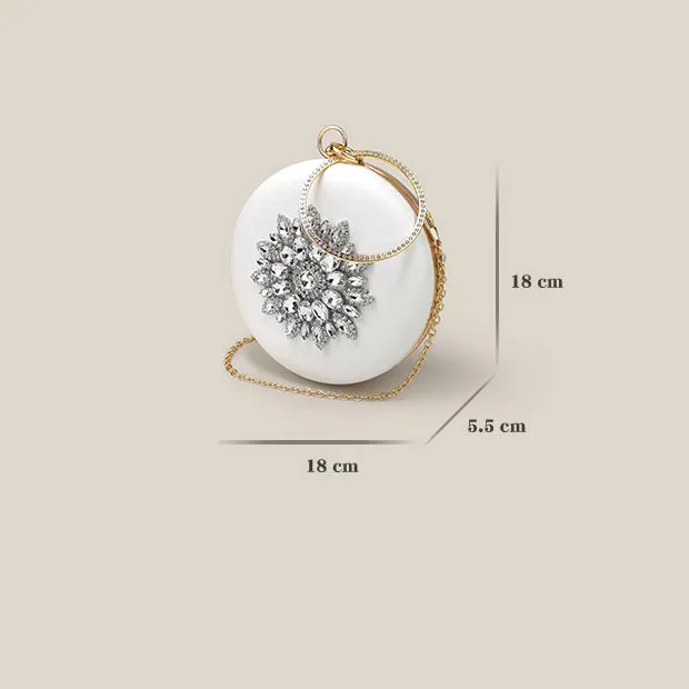 Trendy Rhinestone Round Diamond White Clutch Bag