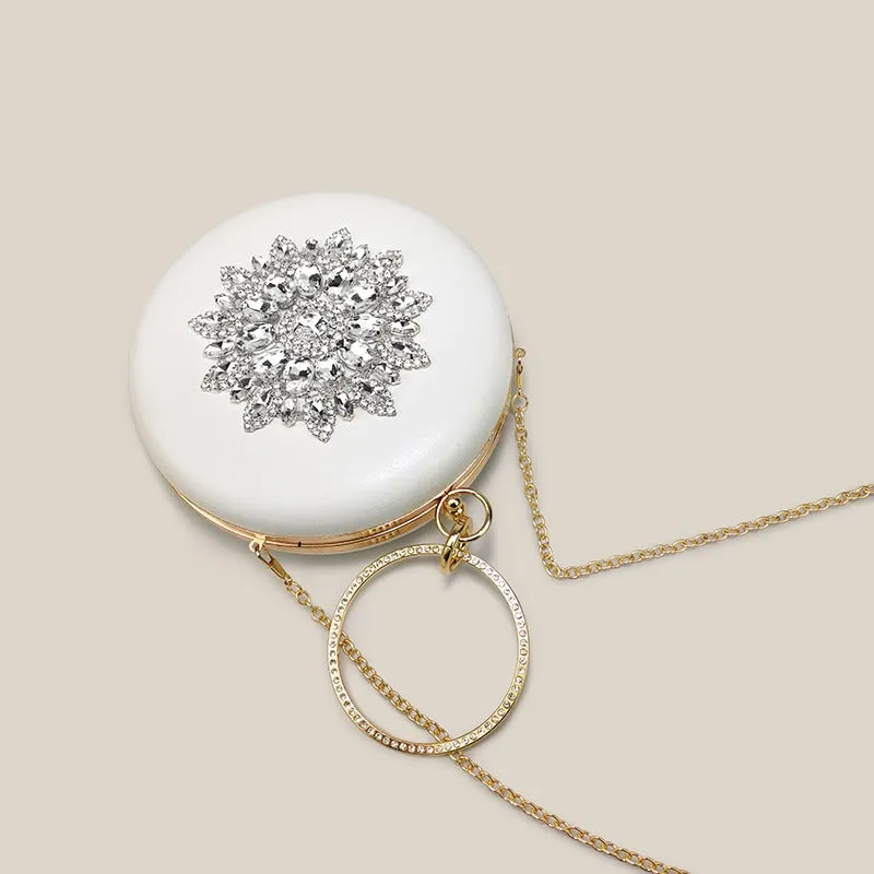 Trendy Rhinestone Round Diamond White Clutch Bag
