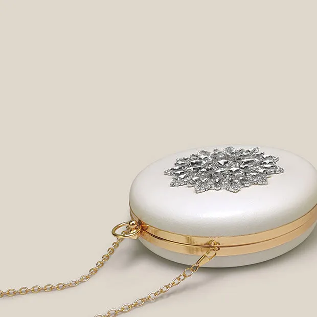 Trendy Rhinestone Round Diamond White Clutch Bag