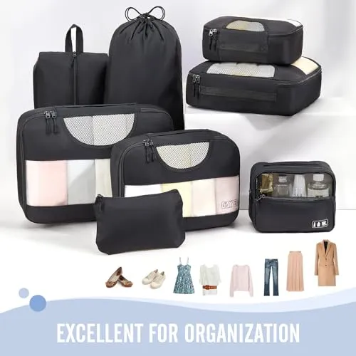 Veken 8 Set Packing Cubes for Suitcases, Travel Essentials for Carry on, Luggage Organizer Bags Set for Travel Accessories in 4 Sizes (Extra Large, Large, Medium, Small), Black