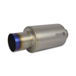 Vibrant Performance Titanium Muffler - 3 in Inlet - 4 in Outlet - 6.25 in Diameter Round Body - 17 in Long - Burnt Edge - Titanium