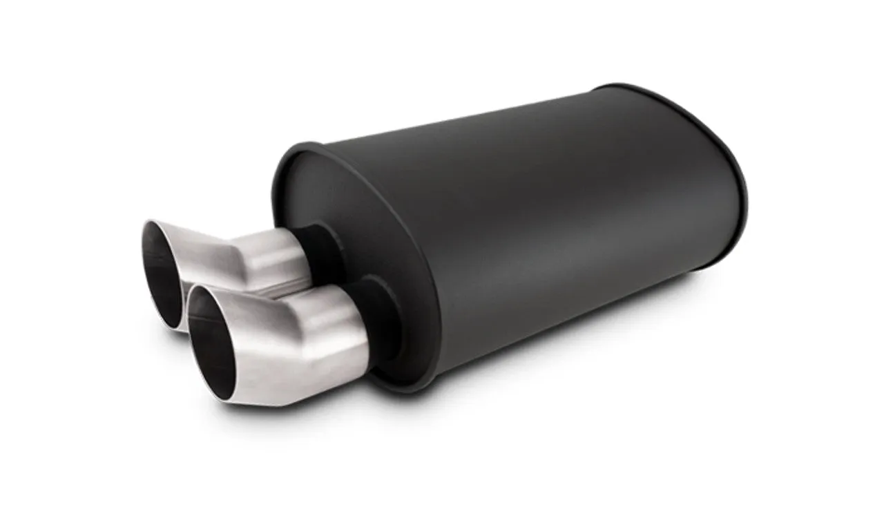 Vibrant STREETPOWER FLAT BLACK Oval Muffler with Dual 304SS Brushed Tips; Inlet ID: 2.50" (63.5mm) Tip OD: 3.00" (76.2mm); Muffler Body Size: 9.5"W x 6.75"H x 15"L; Tip Location: Offset Bottom  - 12335