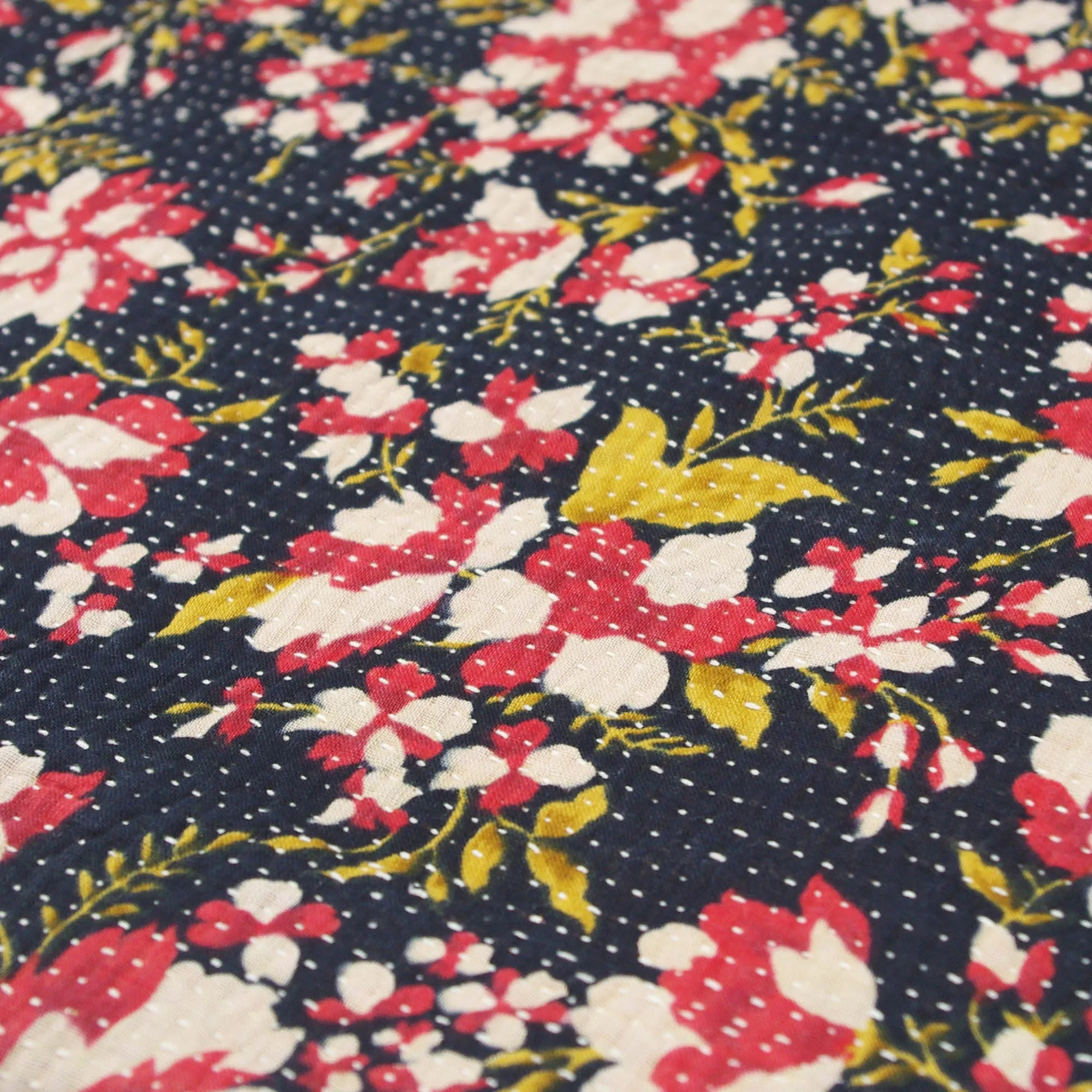 Vintage Fine Kantha Stitched Cotton Tote Bag -Black Floral