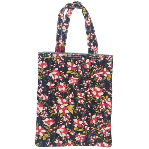 Vintage Fine Kantha Stitched Cotton Tote Bag -Black Floral
