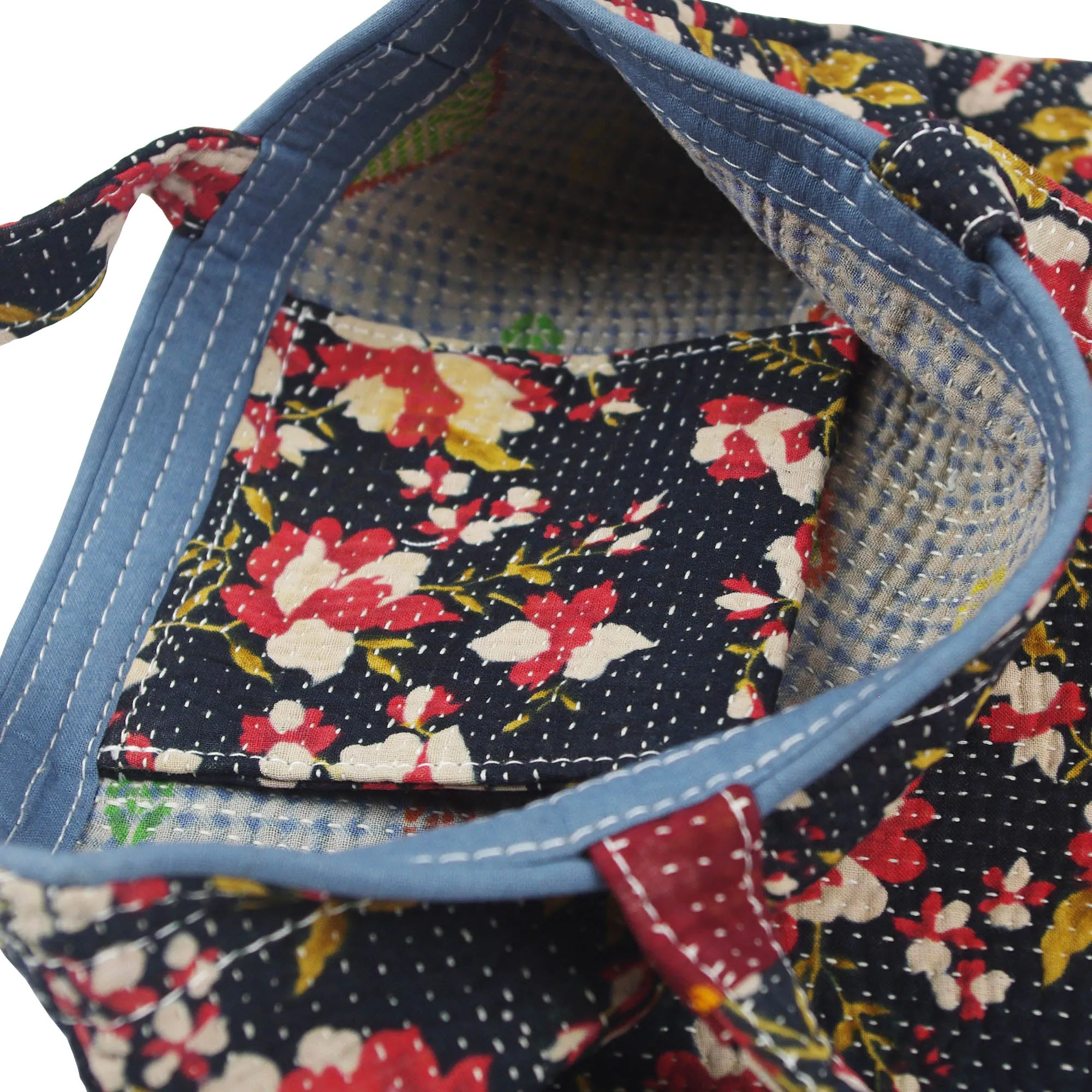 Vintage Fine Kantha Stitched Cotton Tote Bag -Black Floral