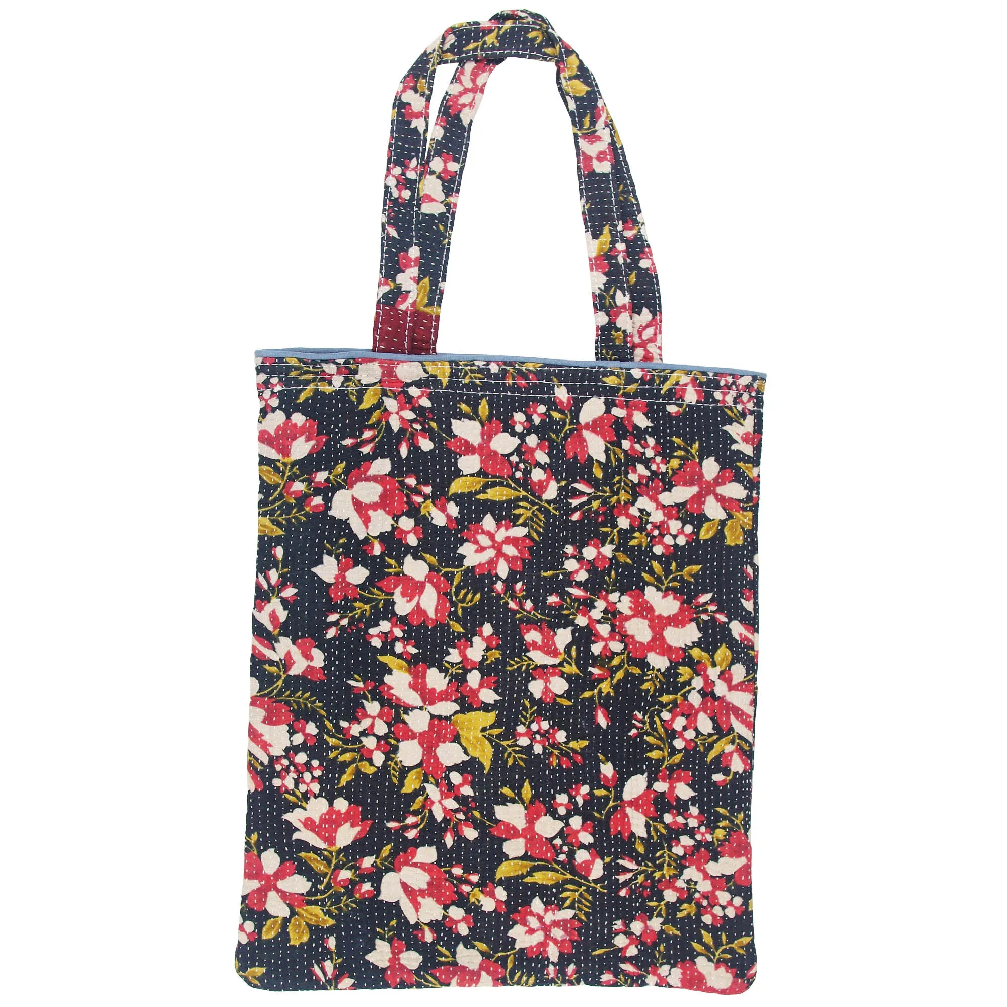 Vintage Fine Kantha Stitched Cotton Tote Bag -Black Floral