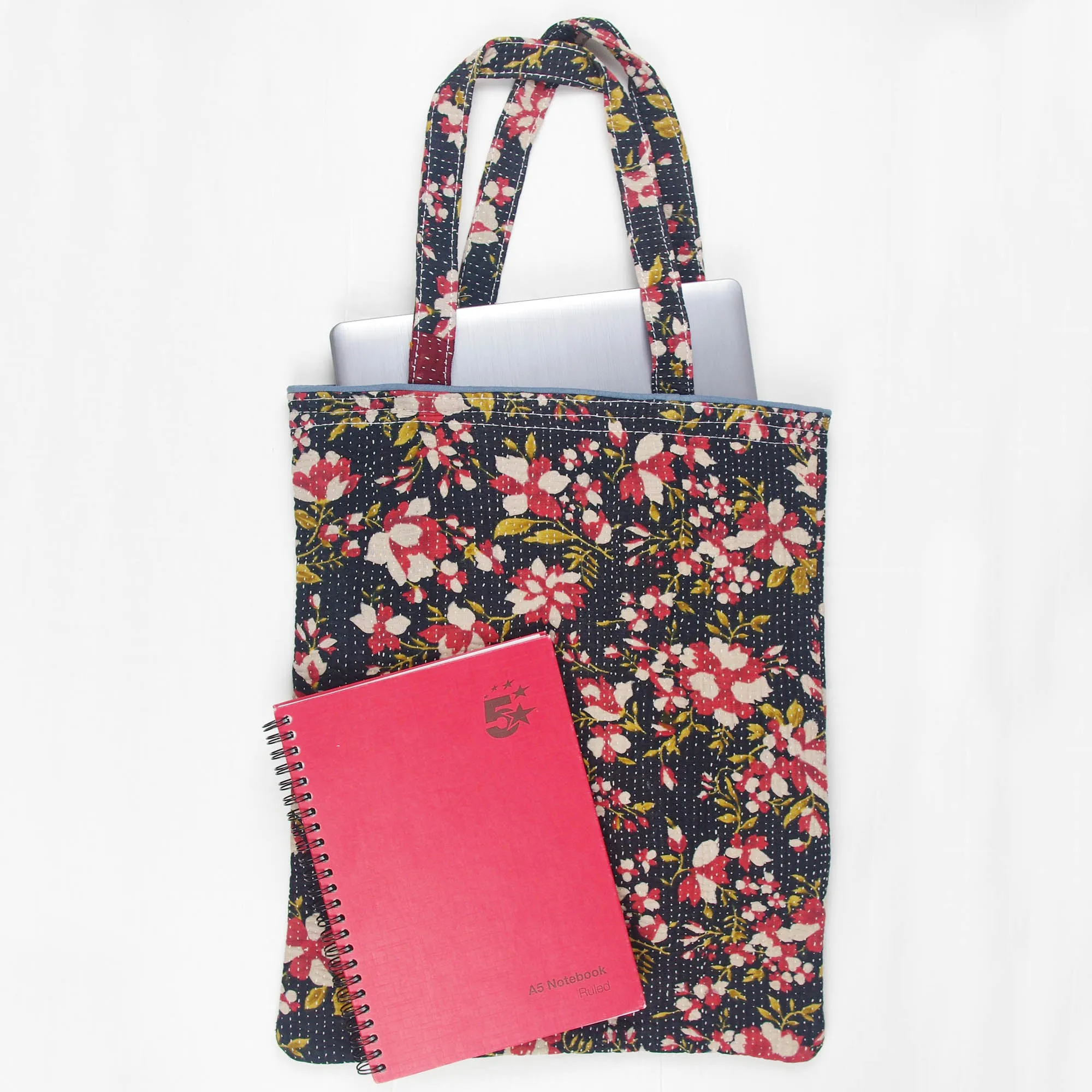Vintage Fine Kantha Stitched Cotton Tote Bag -Black Floral