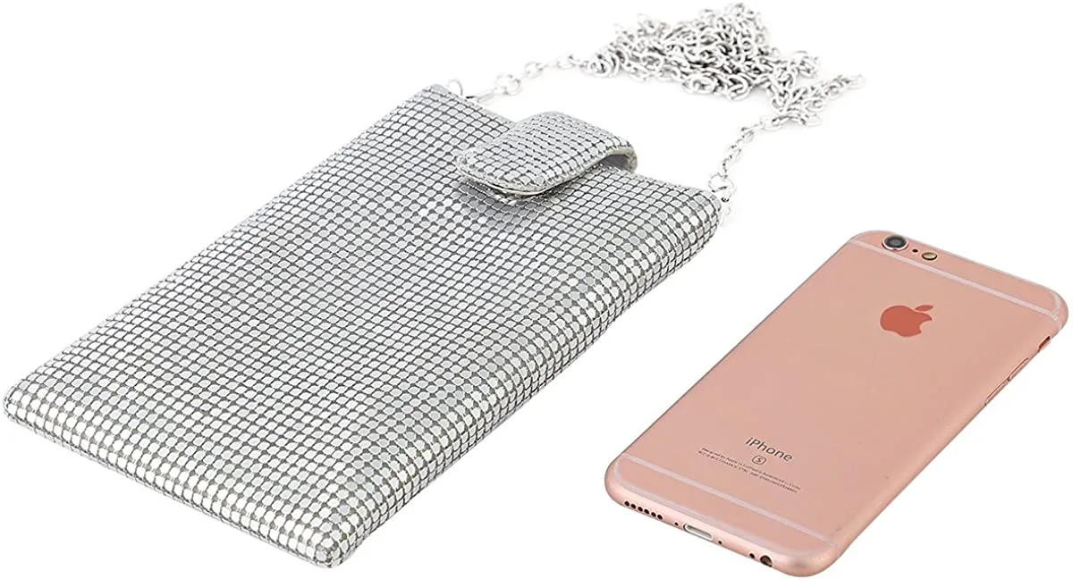 White Silver Metal Mesh Small Crossbody Bag Cell Phone Purse Wallet