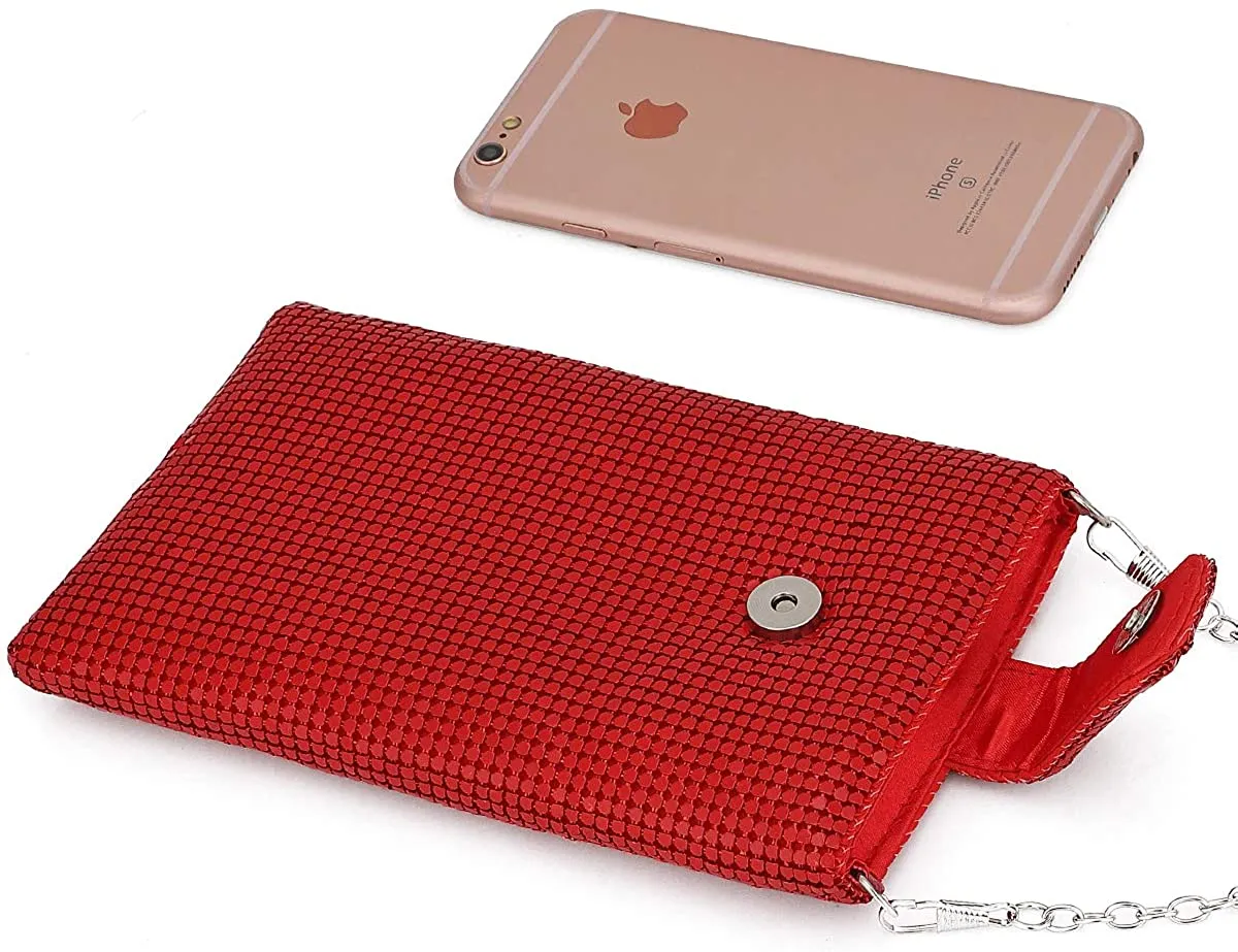 White Silver Metal Mesh Small Crossbody Bag Cell Phone Purse Wallet