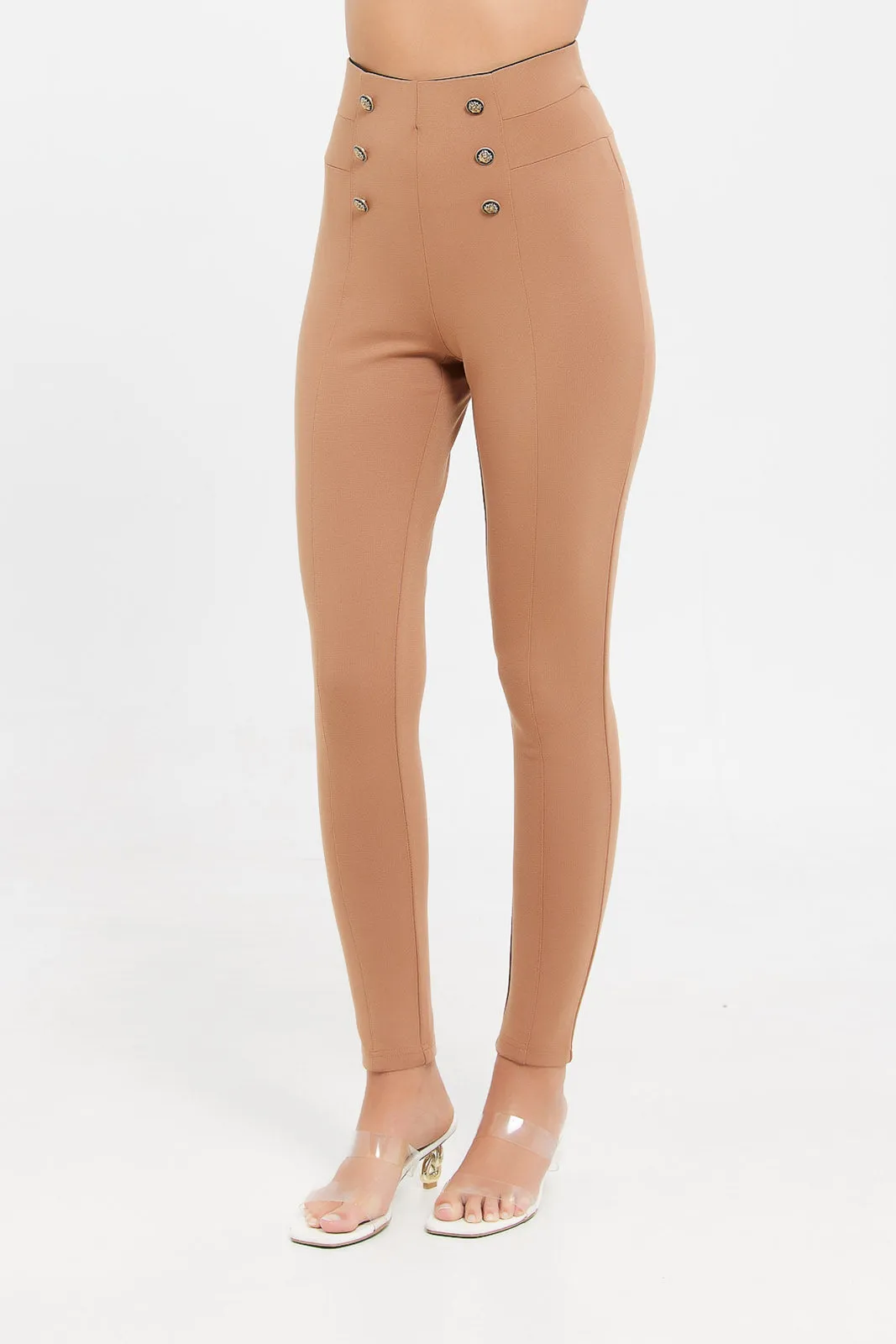Women Beige Front Button Details Legging