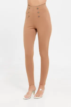 Women Beige Front Button Details Legging