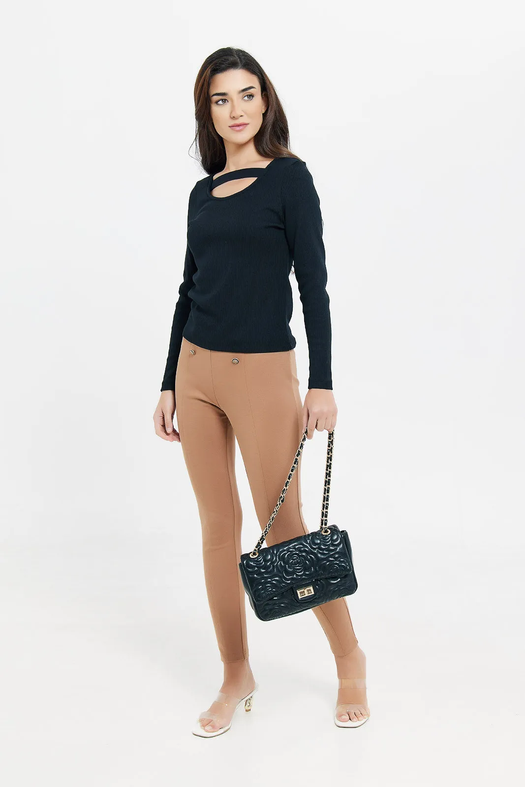Women Beige Front Button Details Legging