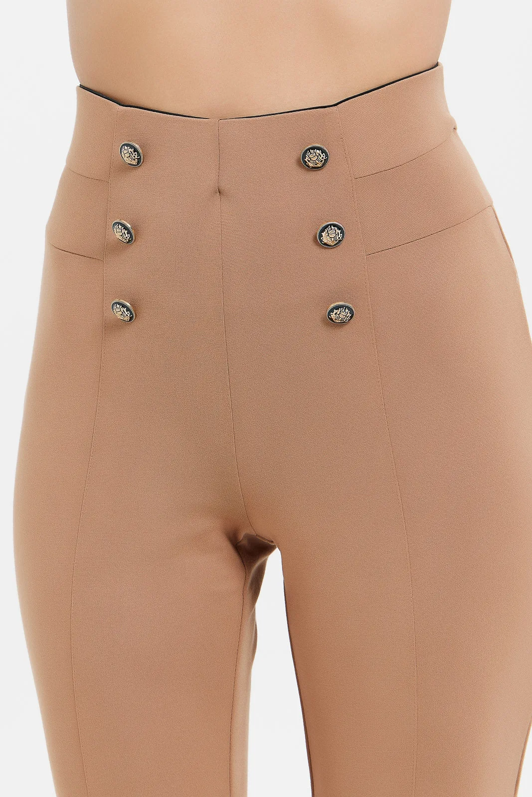 Women Beige Front Button Details Legging