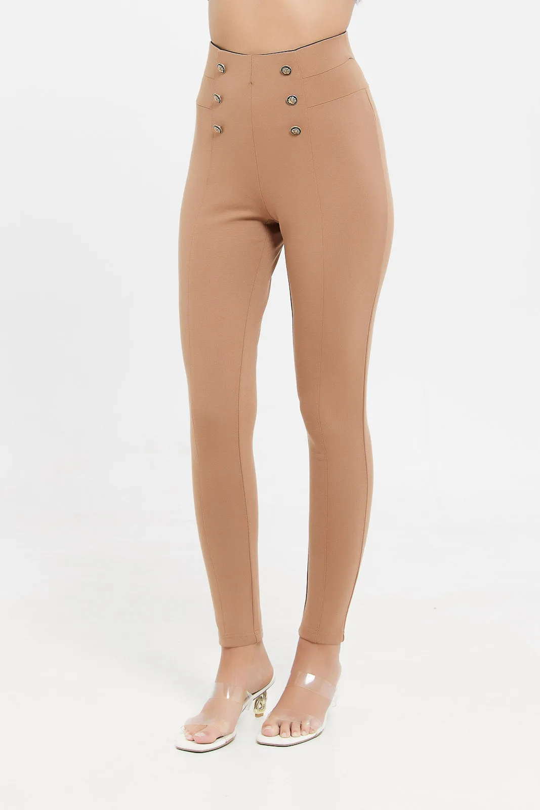 Women Beige Front Button Details Legging