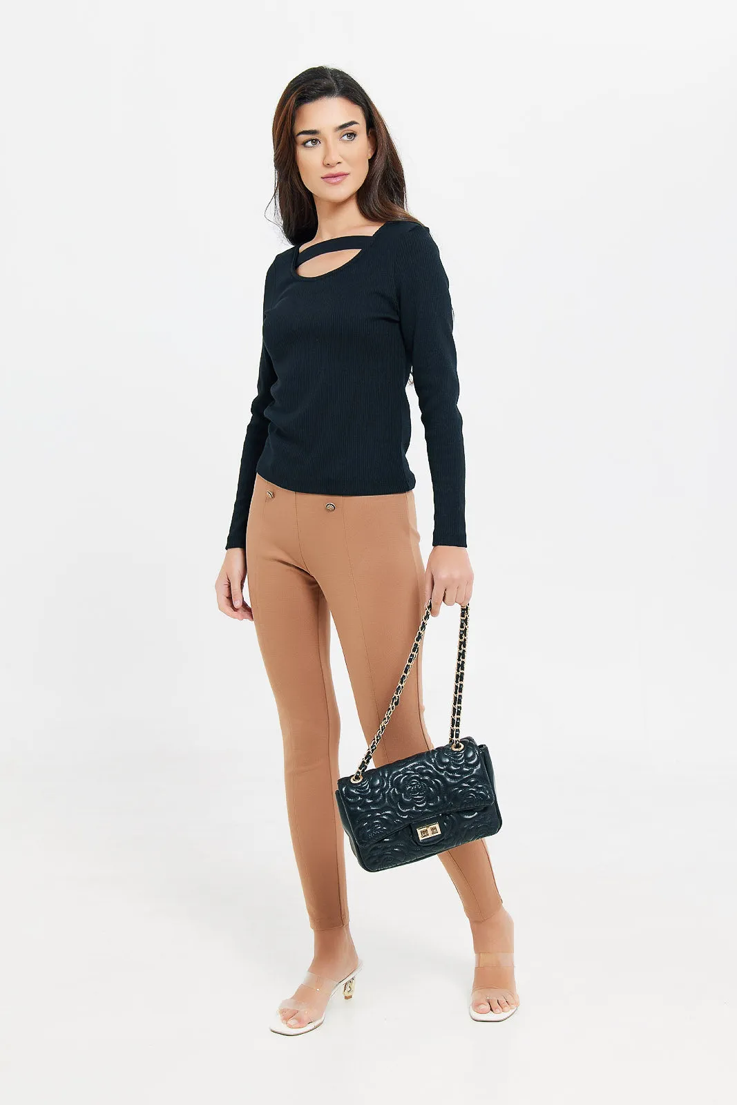 Women Beige Front Button Details Legging