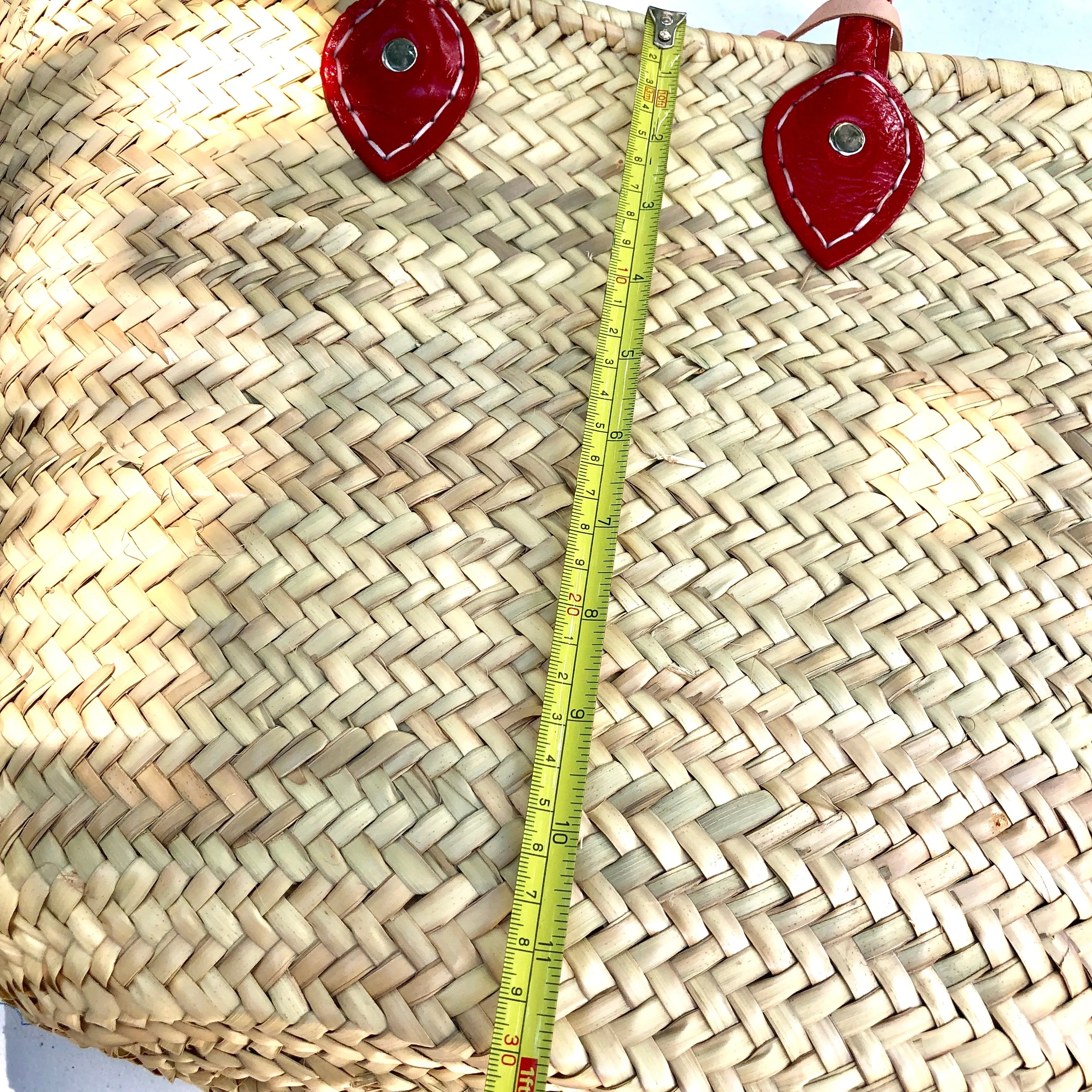 Woven Tote Bag with Red Leather Handles